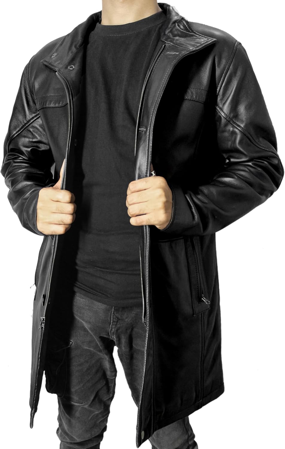 Leather Car Coat For Men 3/4 Length Mens Trench Coat - Real Lambskin Long Jacket For Men - Image 4
