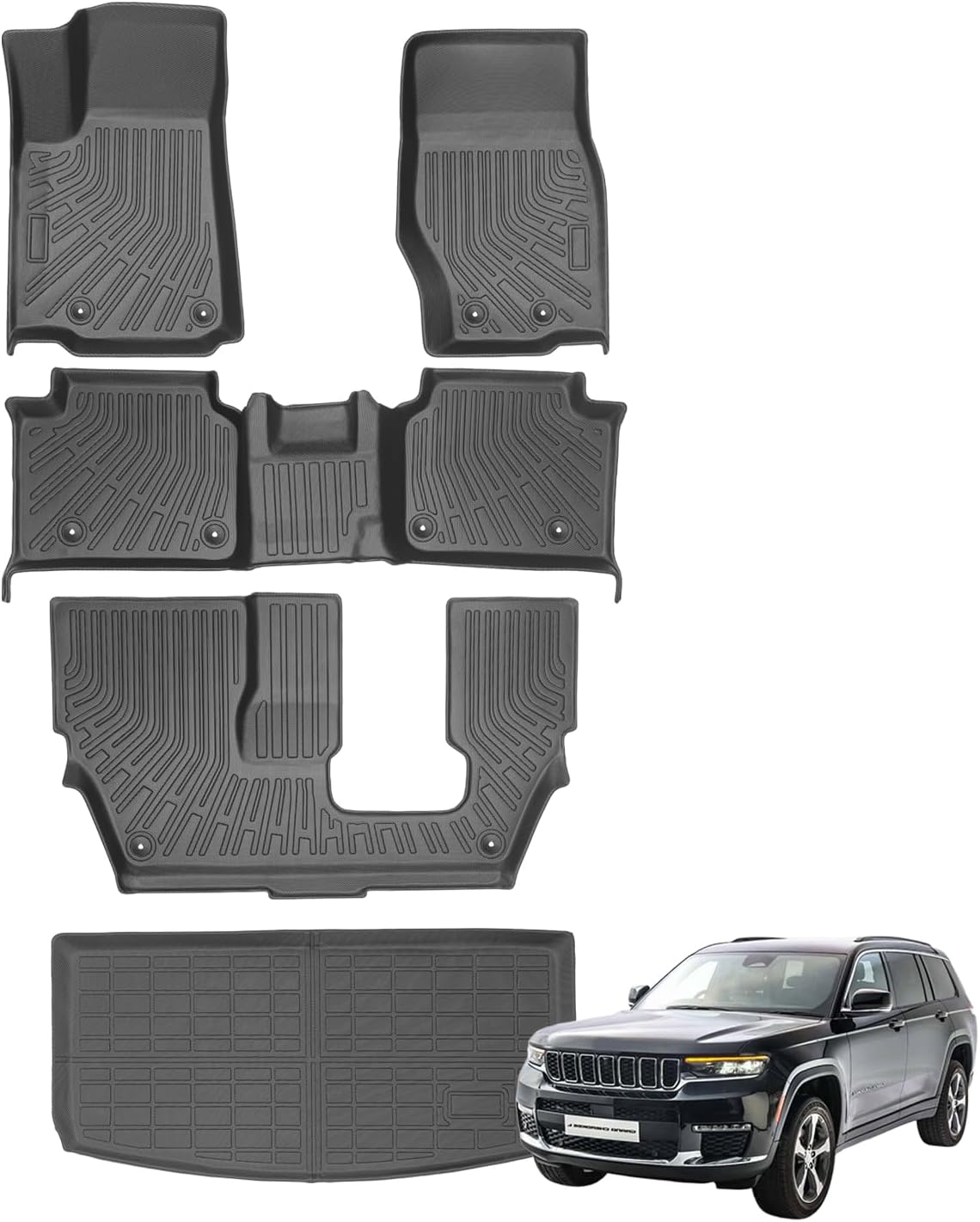 Floor Mats for 2021-2025 Jeep Grand Cherokee L 7-Seater (2nd Row Bench Seat), 5 Sets All Weather Thicken TPE Cargo Mat & Backrest Mat for 2025 Grand Cherokee L Liner Trunk Mat Accessories