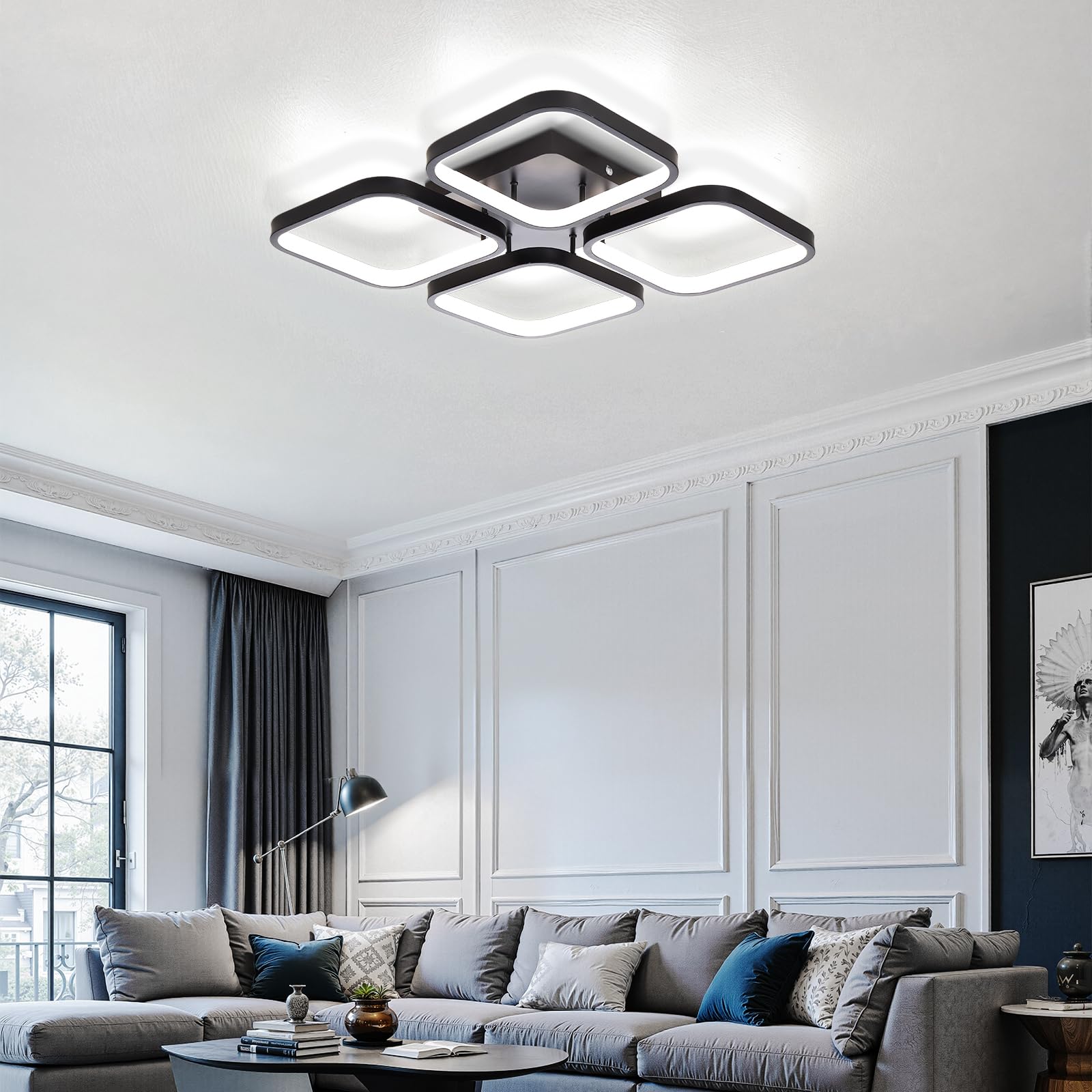 Warmiehomy Modern LED Ceiling Lamp,60W LED Ceiling Lighting Fixtures,43CM Square 4 Lights Black Ceiling Lights with 6500K Cool White Light for Bedrooms - Image 2