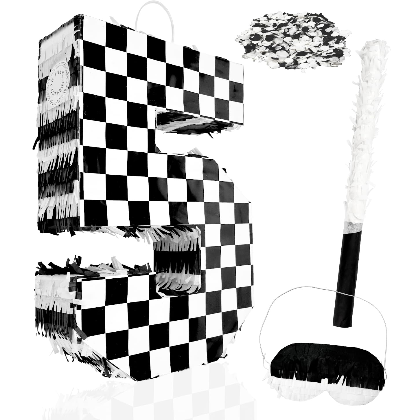 MUNILAIL Checkered Number 5 Pinata Black and White Checkered Pinata with Stick and Blindfold Confetti for 5th Birthday Racing Car Party Game Supplies