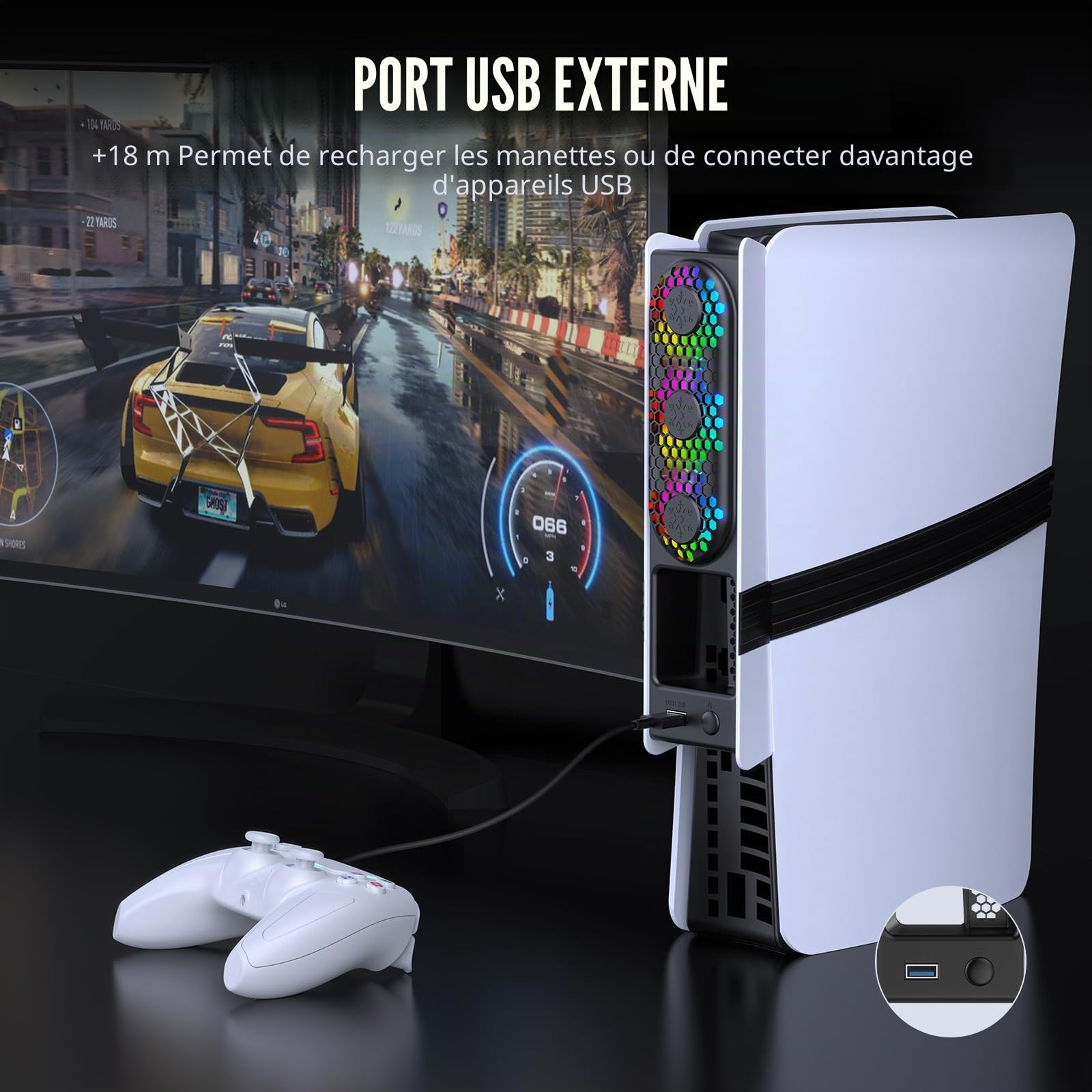 Ventilateur de refroidissement haute vitesse pour console PS5 Pro/Slim - Contrôle automatique de la température, faible bruit, éclairage RVB et port USB 3.0
