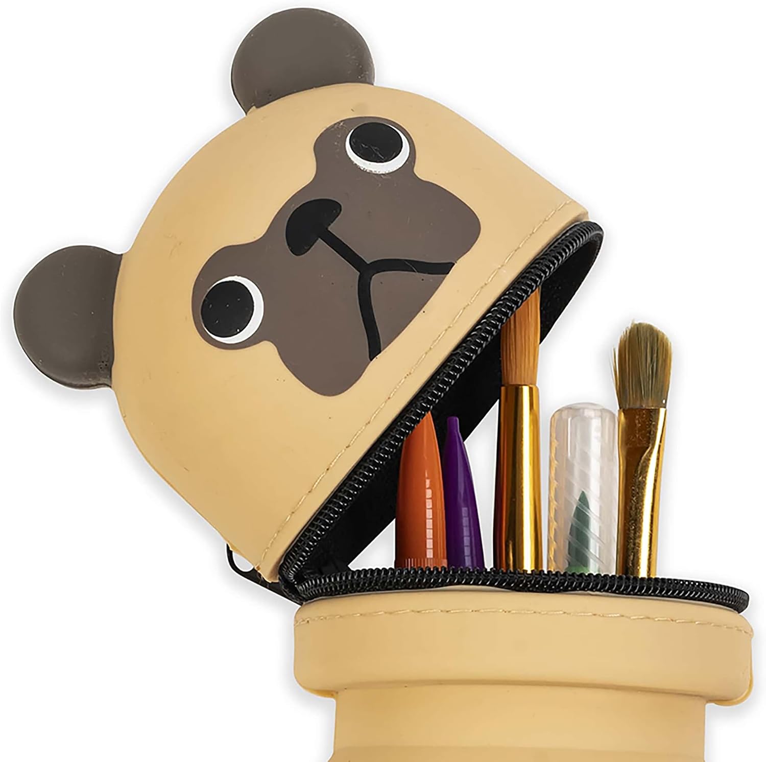 Retractable Pencil Case - Pug - Playful Brown Dog Character, Zipper Carry Pouch, Silicone, School Supplies & Utensil Storage