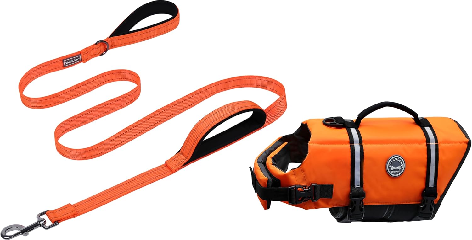 VIVAGLORY Dog Leash + Dog Life Jacket, Soft Padded Handle Reflective Trims