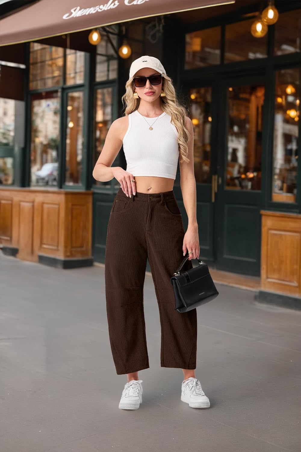 IWOLLENCE Women's Corduroy Barrel Cropped Pants Mid-Rise Elastic Waist Cord Wide Legs Baggy Pant with Pockets - Image 5