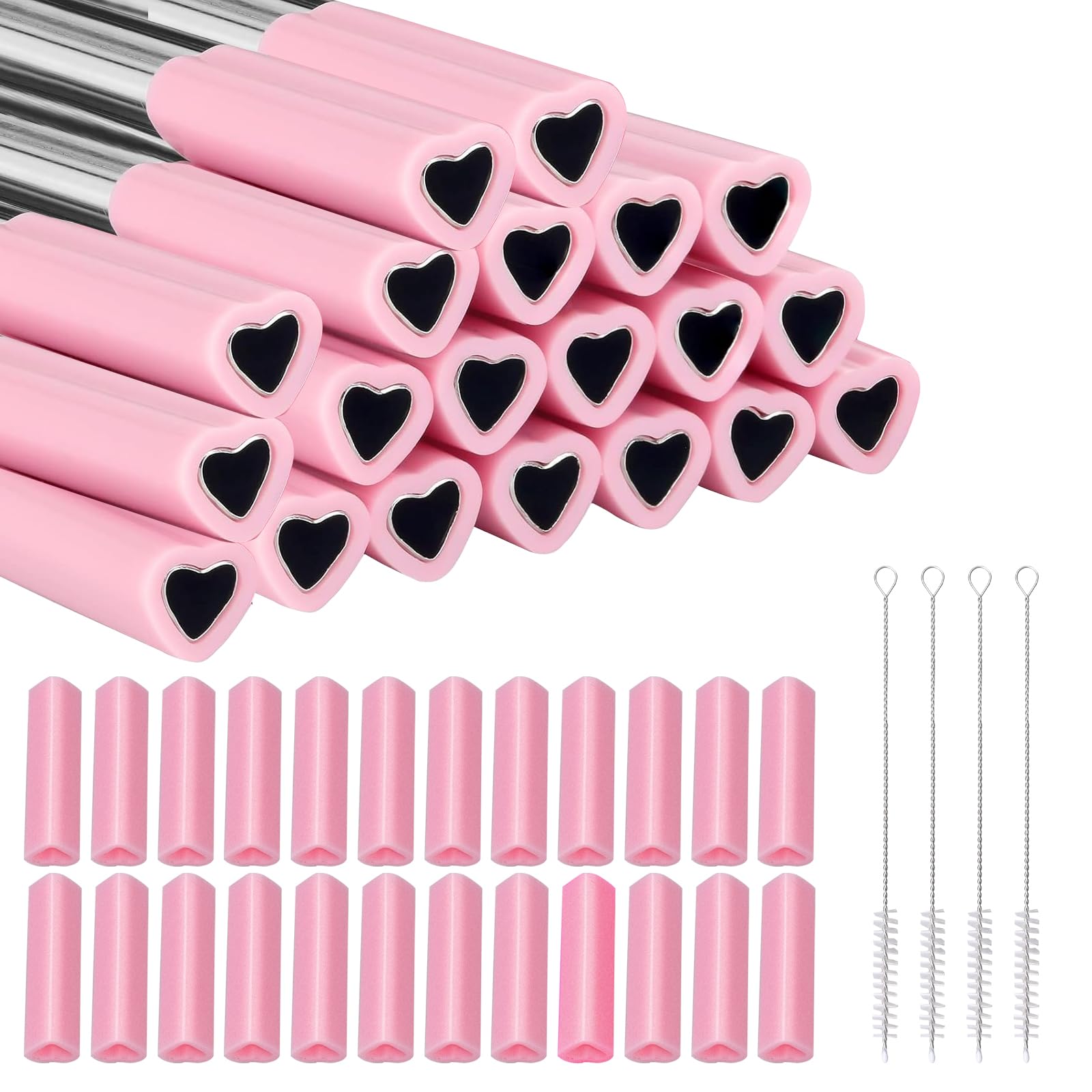 24 Stück herzförmige Edelstahl-Trinkhalme mit Silikonspitzen, wiederverwendbare Herz-Trinkhalme mit 2 Reinigungsbürsten für heiße und kalte Getränke, Valentinstag, Brautparty, Hochzeit (Rosa)