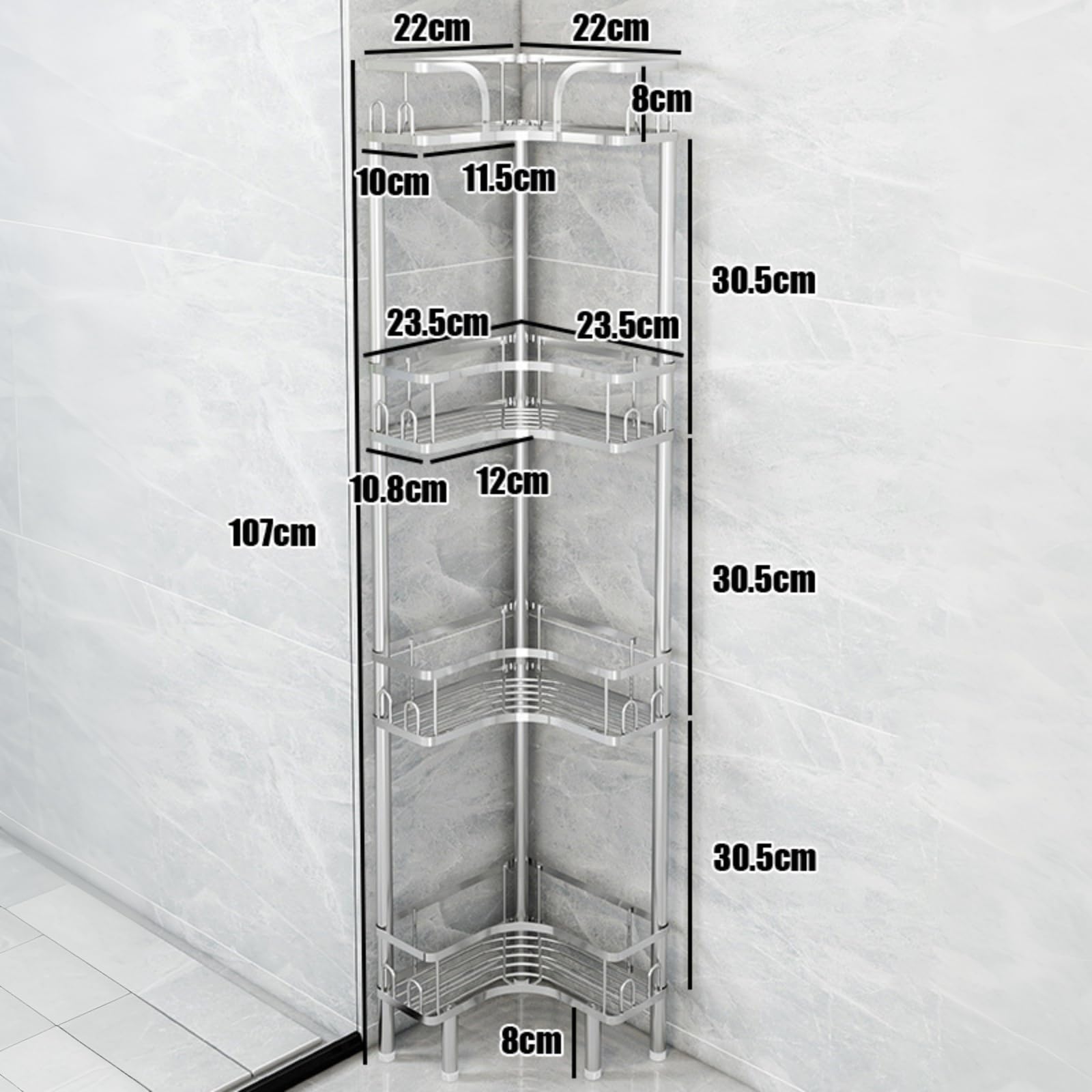Mensola Doccia Angolare Senza Forare, Porta Shampoo Sapone Doccia Da Terra | Porta Bagnoschiuma Da Doccia Antiruggine Con Ganci Piedini Regolabili,Argento Grande Capacità Scaffale Bagno Per Bagno Cucina