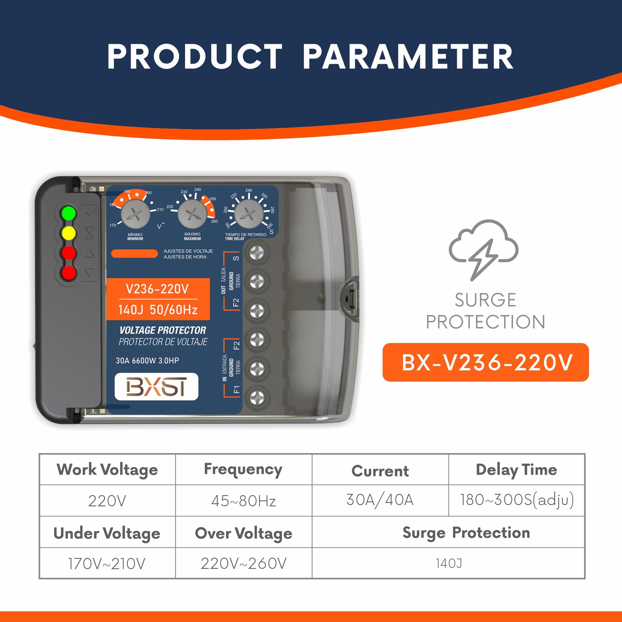 Wiring Surge Protector with Adjustable Over/Under Voltage Protection Automatic Recovery, 220V, 30A, Up to 6600W Heavy Duty Power Surge Protection for Refrigerators, Air Conditioning