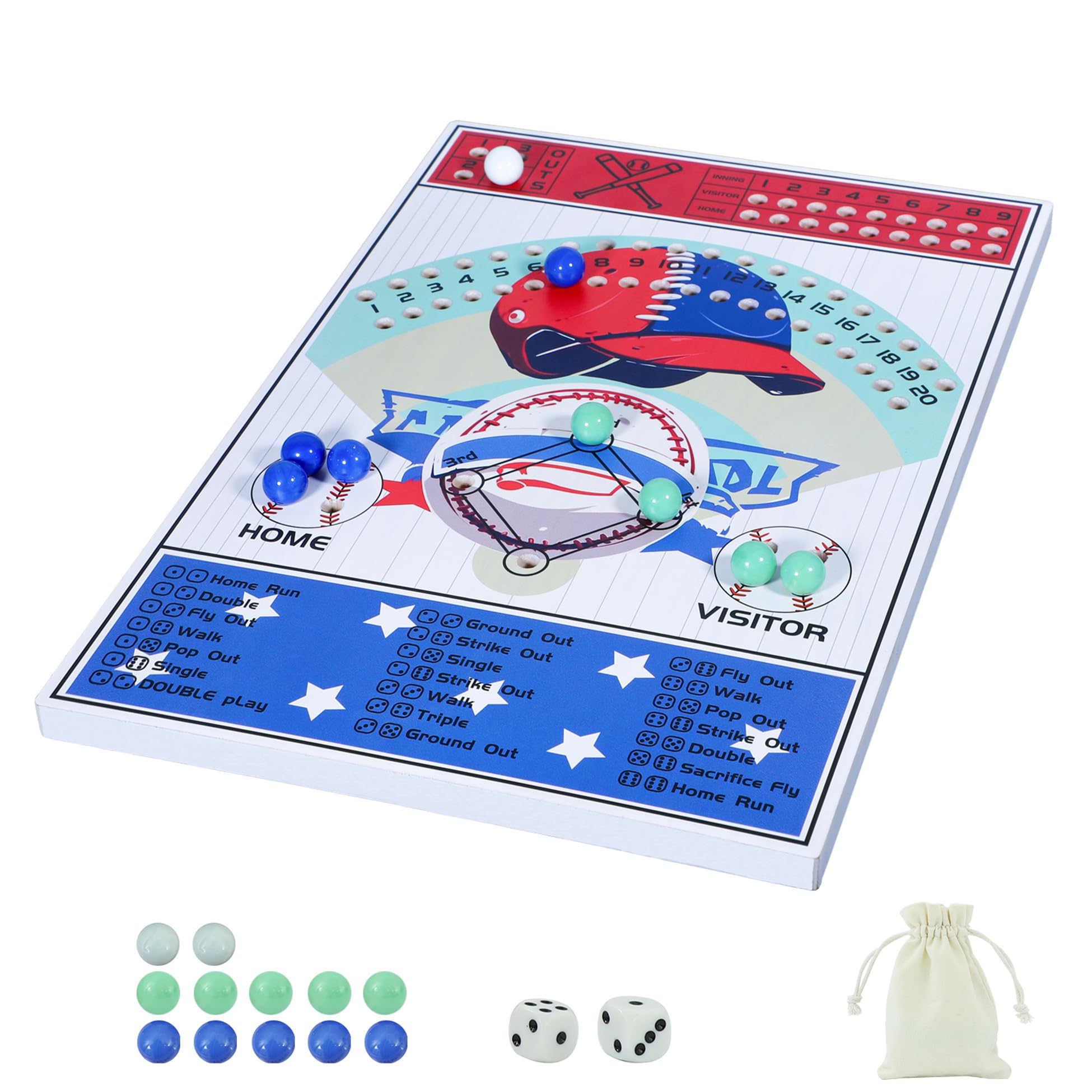 Baseball Dice Board Game Thick Solid Wood Dice and Marble Board Game Fun Color Pattern Double Battle Table Game for Family Party Holiday Gatherings (flag)