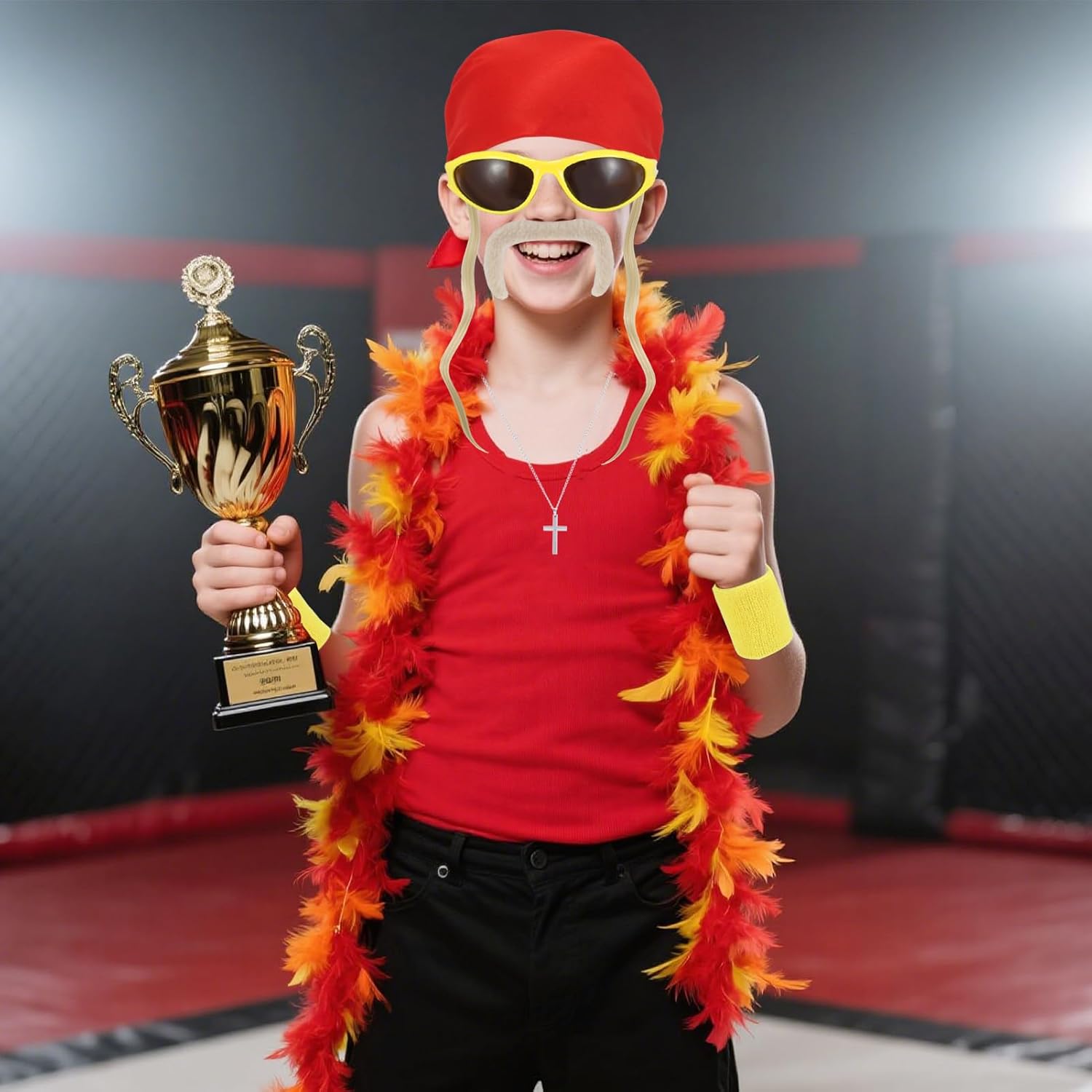 7 Pieces Halloween Costume Kit Includes Wig Pieces Feather Boa Fake Mustaches Bandana Tennis Wrist Sweatbands Glasses and Cross Necklace for Adult Halloween Cosplay Party - Image 6