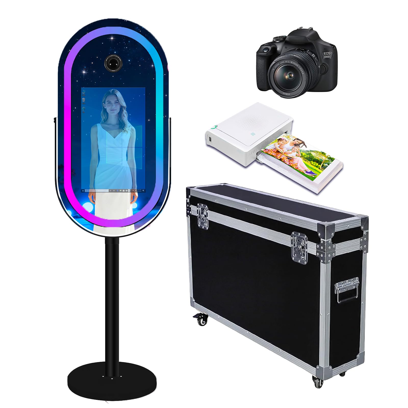 PAAFNN Elliptical Mirror Photo Booth Selfie LED Frame Portable 21.5in Touch Screen Magic Mirror Booth Machine for Party Events Wedding with RGB Light (Black)