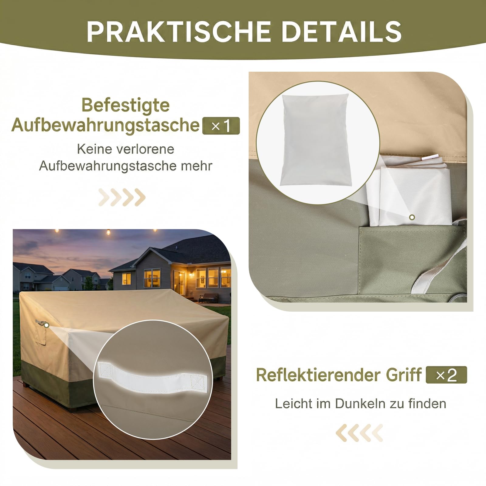 COWVIE Outdoor-Sofabezug für 3-Sitzer-Terrassenbank und Couch, wasserdichte 600D-Terrasse-Loveseat-Abdeckung mit reflektierenden Griffen und integrierter Aufbewahrungstasche für den Rasen