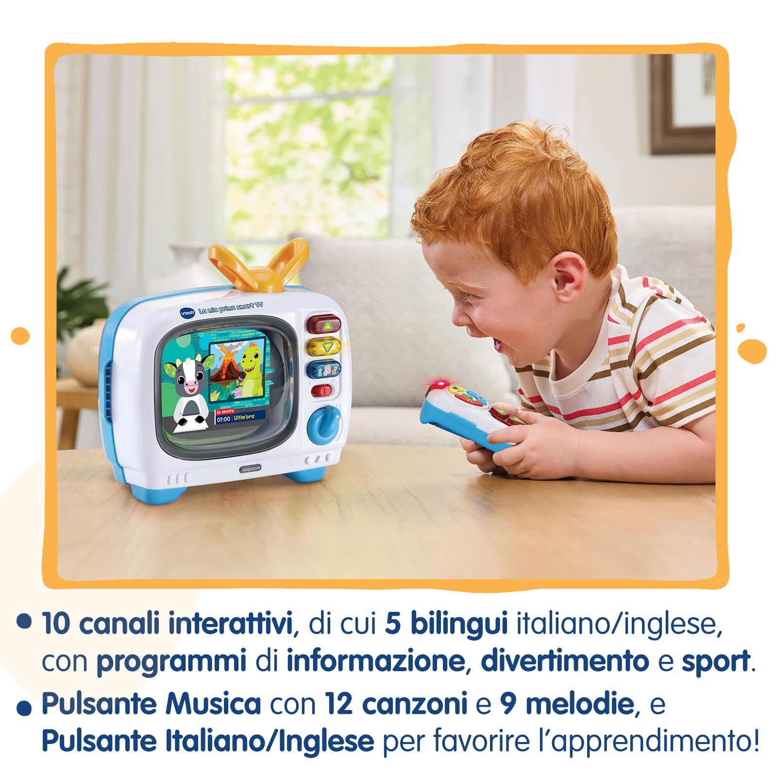 VTech La Mia Prima Smart TV, Televisione Interattiva per Bambini, Telecomando Interattivo Incluso, 10 Canali, 5 Canali Bilingue Italiano e Inglese, Spegnimento Automatico, Batterie Incluse, 12-36 Mesi