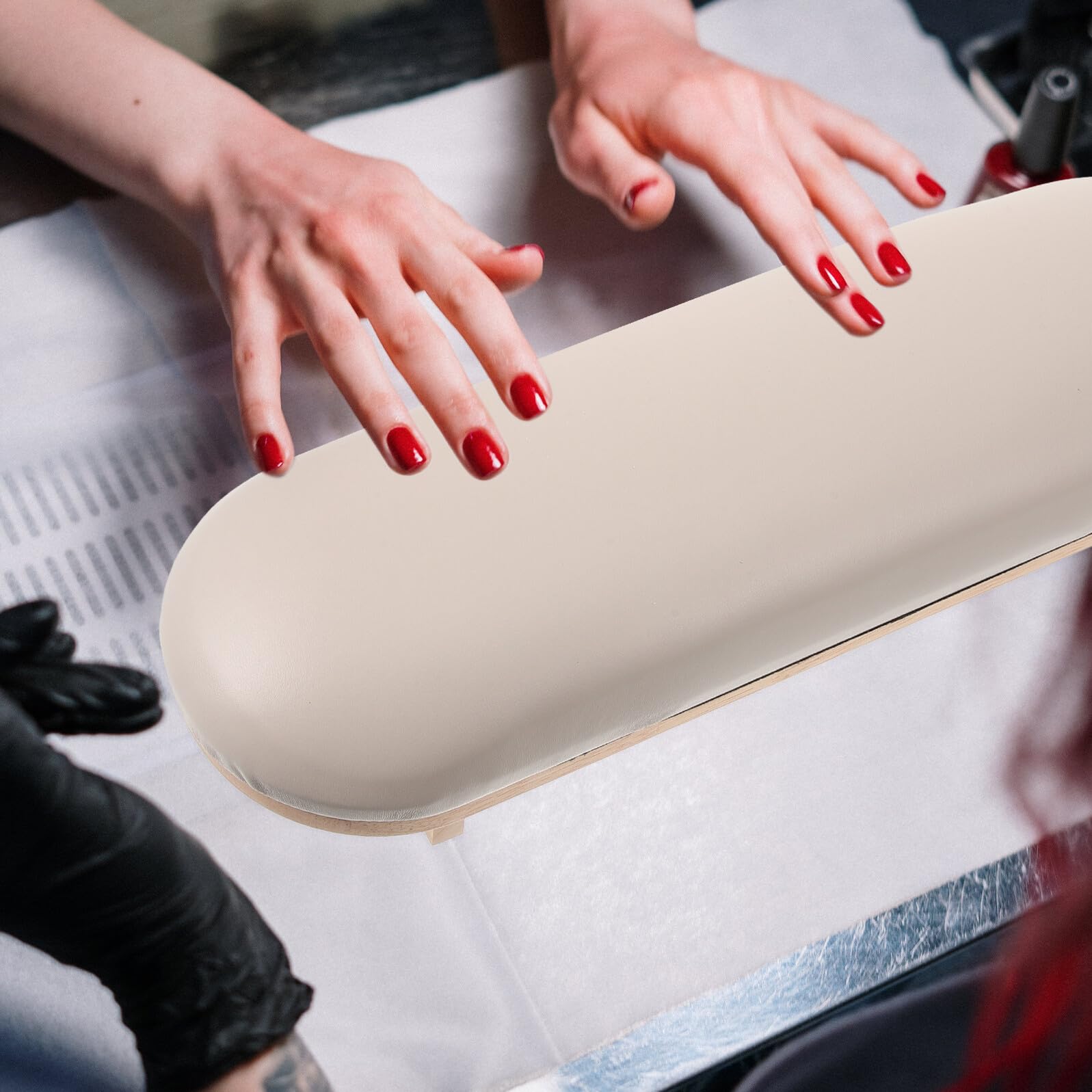 Cuscino Poggiamano Manicure in Legno e Cuoio, Khaki | Superficie Liscia e Stabile, Adatto a Casa e Salone, per Mani di Nail Lovers e Operatori