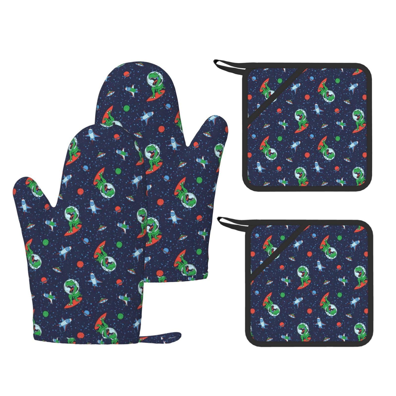 Eeprty Black Funny Astronaut Dinosaur Rocket Printed Kitchen Oven Gloves And Potholder 4 Pcs, Non-Slip Heat Resistant Mitts For Baking Chef