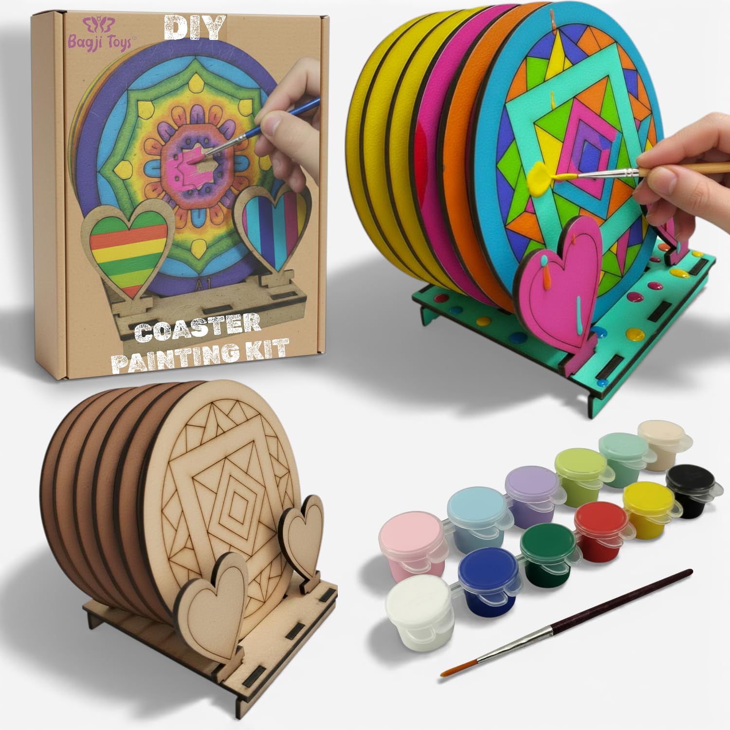 BAGJI TOYS DIY Coaster Painting Kit for Kids & Adults β 6 Pre-Marked Wooden Tea Coasters with Stand, 12 Acrylic Colours & Brush β Mandala Art & Craft DIY Set β Beginner Friendly Painting Craft Kit, Birthday & Gift Activity (MandalaA6)