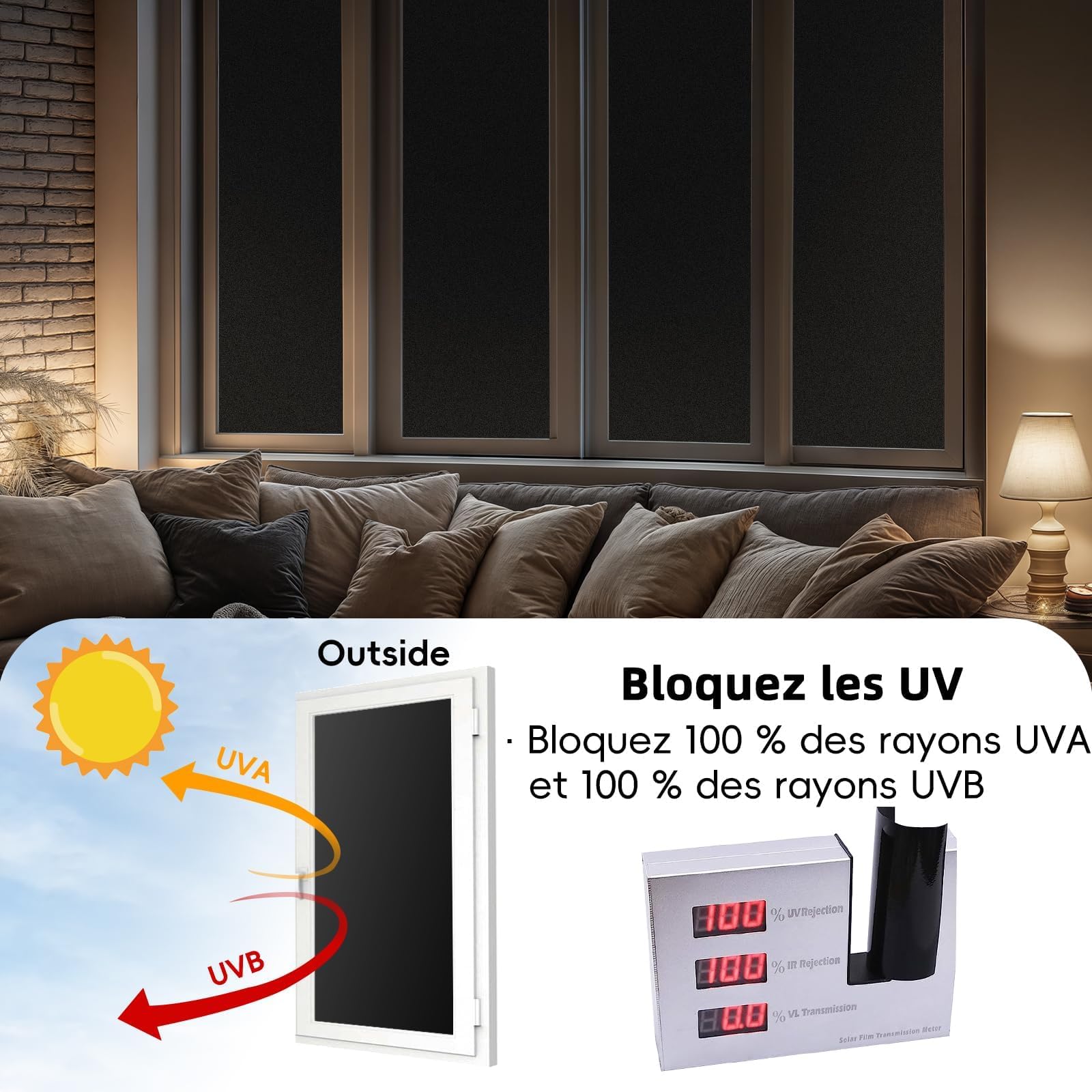 Qualsen Film Occultant Fenêtre Noir Anti Regard Opaque Statique sans Colle Anti-UV 100% Blocage de Lumière 44.3 x 200 cm