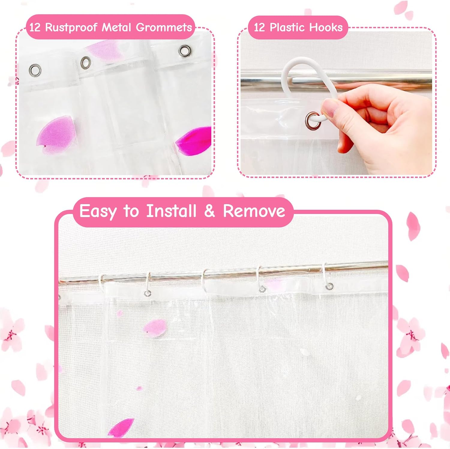 Clear Pink Floral Shower Curtain Liner, Cute Plastic Transparent Cherry Blossom Shower Curtain, Girly Flower Petals Spring Shower Curtains for Bathroom, 72x78 Shower Curtain Set with Magnets 12 Hooks