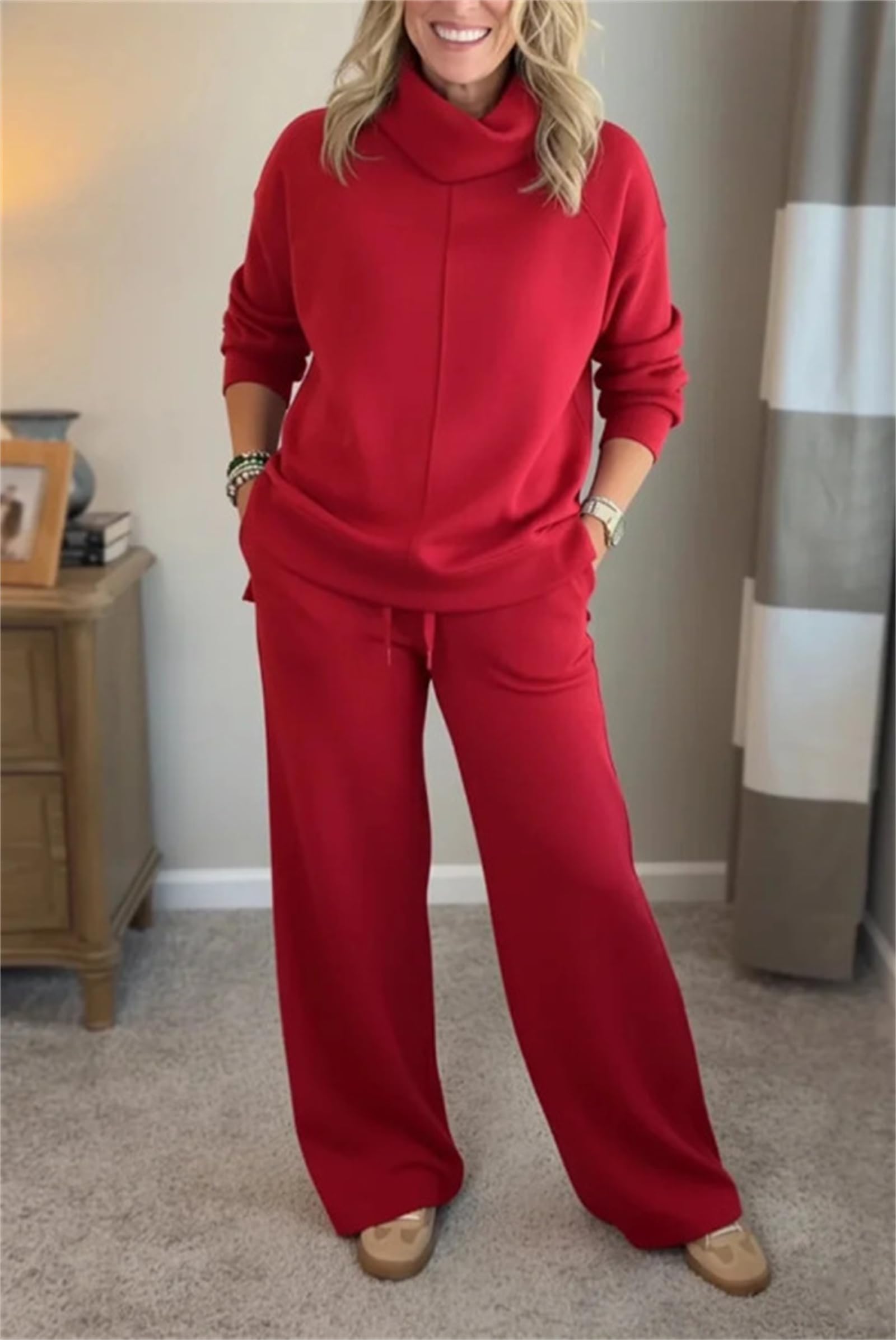 Conjunto deportivo de 2 piezas para mujer, conjunto de sudadera de cuello alto de gran tamaño, conjunto de pantalones de pierna ancha, ropa de descanso, viajes, ropa de descanso