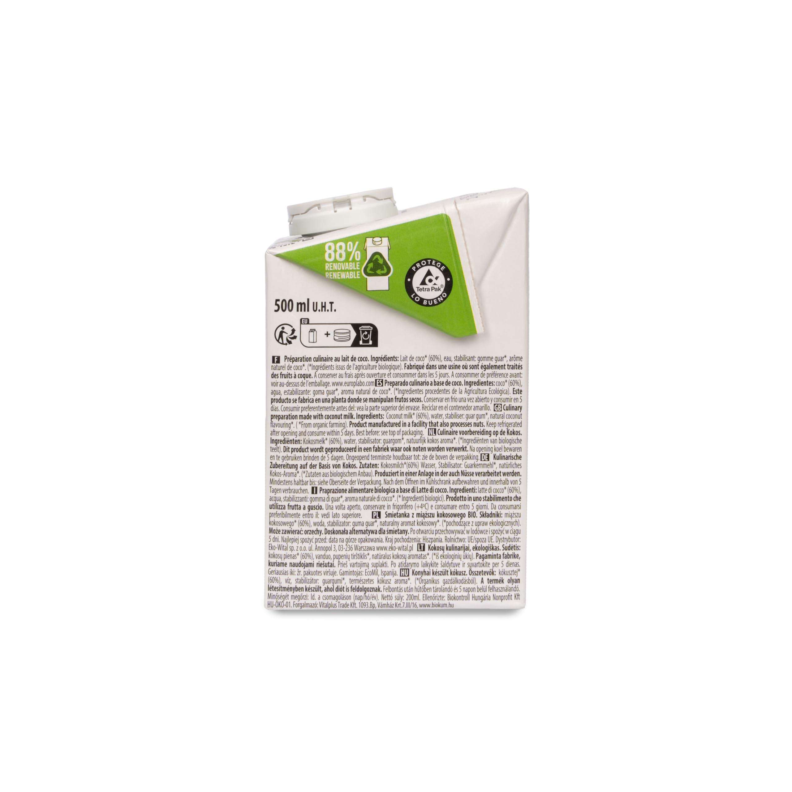 ECOMIL Crema de Coco Bio para Cocinar Sin Lactosa Sin Gluten Sin Azúcares Añadidos 500 ml