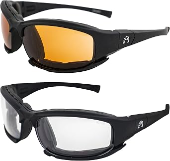 Alpha Omega 3 Motorcycle Sunglasses Foam Padded Safety Glasses Z87.1 Convertible Goggles Unisex Black Frame Glasses 2 Pairs Amber & Photochromic Clear Smoke Lens