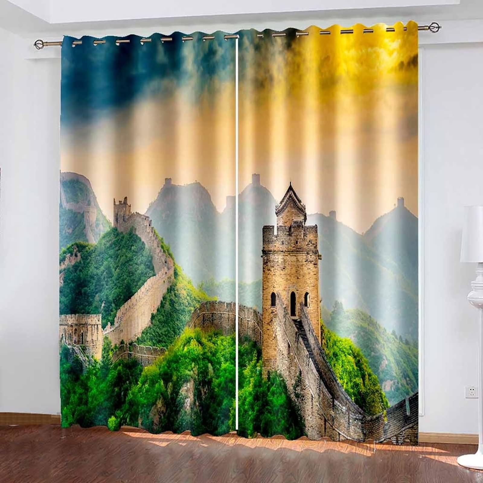 Zasłona okienna, zaciemnienie zasłony żółty zielony brązowy krajobraz wielkiego muru poliester 2 panele 204x244cm