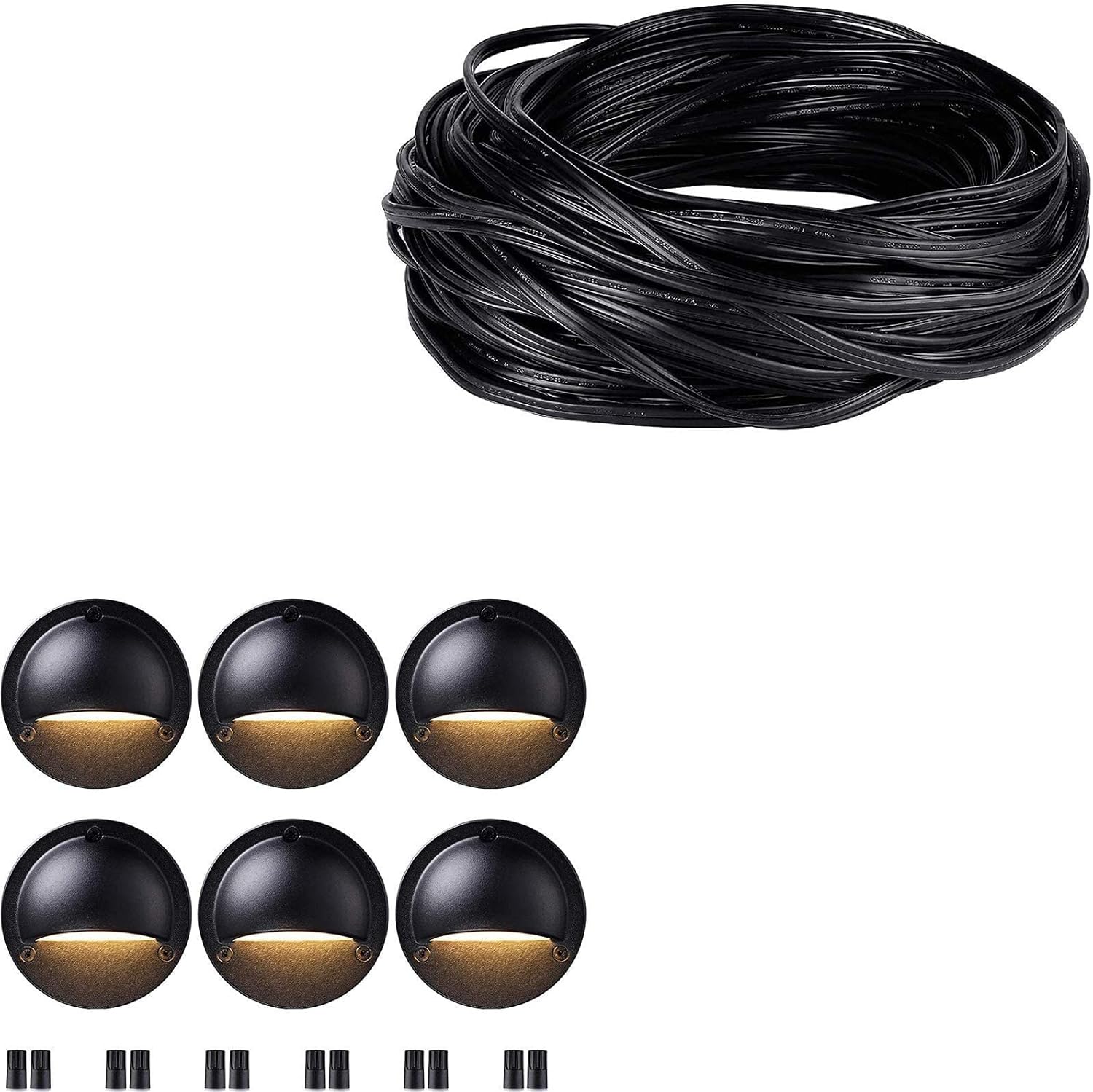 LEONLITE Low Voltage LED Deck Lights Bundle 100ft 16/2 Cable, 6-Pack 2.3W 12-24V Landscape Step Light, 3000K Warm White, UL Listed Cord & 1-Pack 100ft 16/2 Low Voltage Landscape Lighting Cable, Black - - 