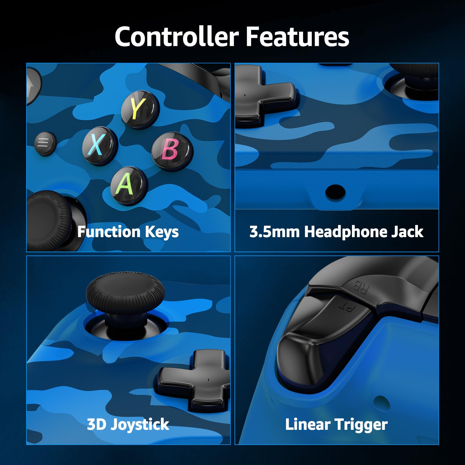 GMVOX Wireless Controller for X-BOX, Gaming Controller Support Turbo/3.5MM Audio Jack/Dual Vibration, Controller Compatible with X-BOX One/ One S/X, X-BOX Series S/X, PC, IOS, Android Platforms,with 2.4g Adapter(Blue Camo) - Xbox Series X/S - Very Good - Used Controller - Image 6
