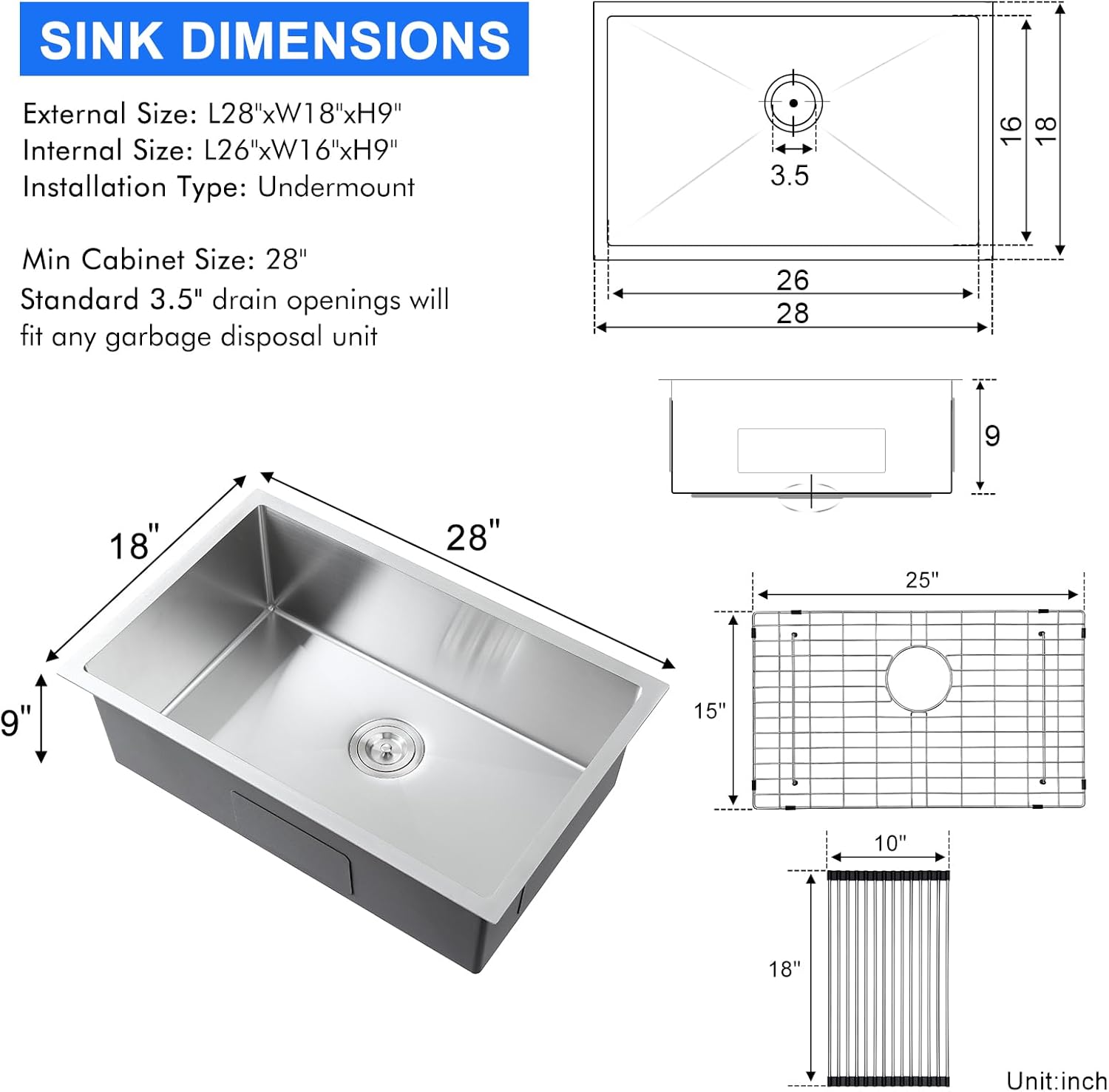 MENATT 28x18 Inch Undermount Kitchen Sink, 18 Gauge 304 Stainless Steel Single Bowl with Drying Rack & Bottom Grid, 9" Deep for Laundry, Utility & Modern Kitchen