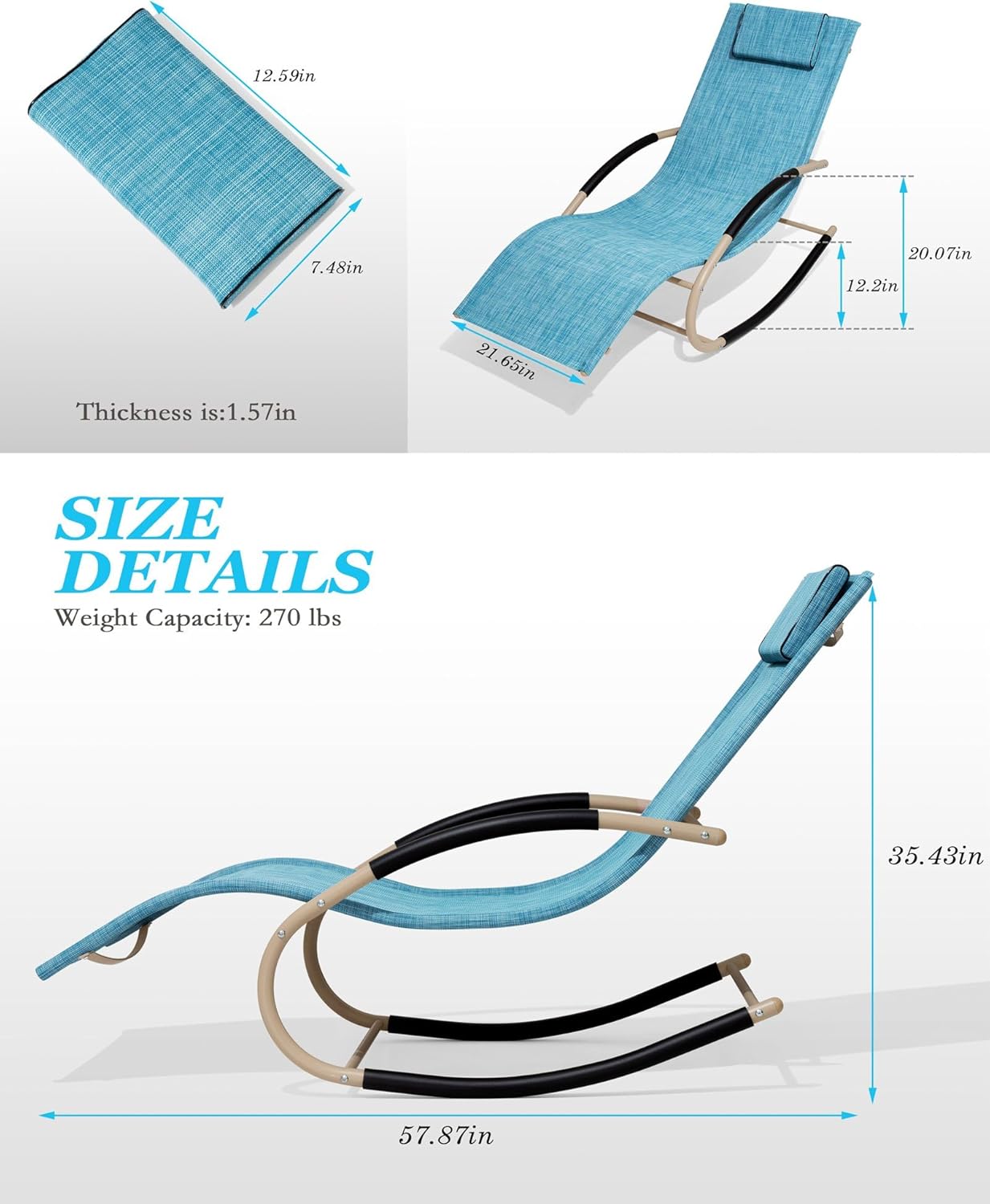 Crestlive Products Patio Rocking Chair Curved Rocker Chaise Lounge Chair with Pillow for Beach Yard Pool Outdoor Indoor (Blue)