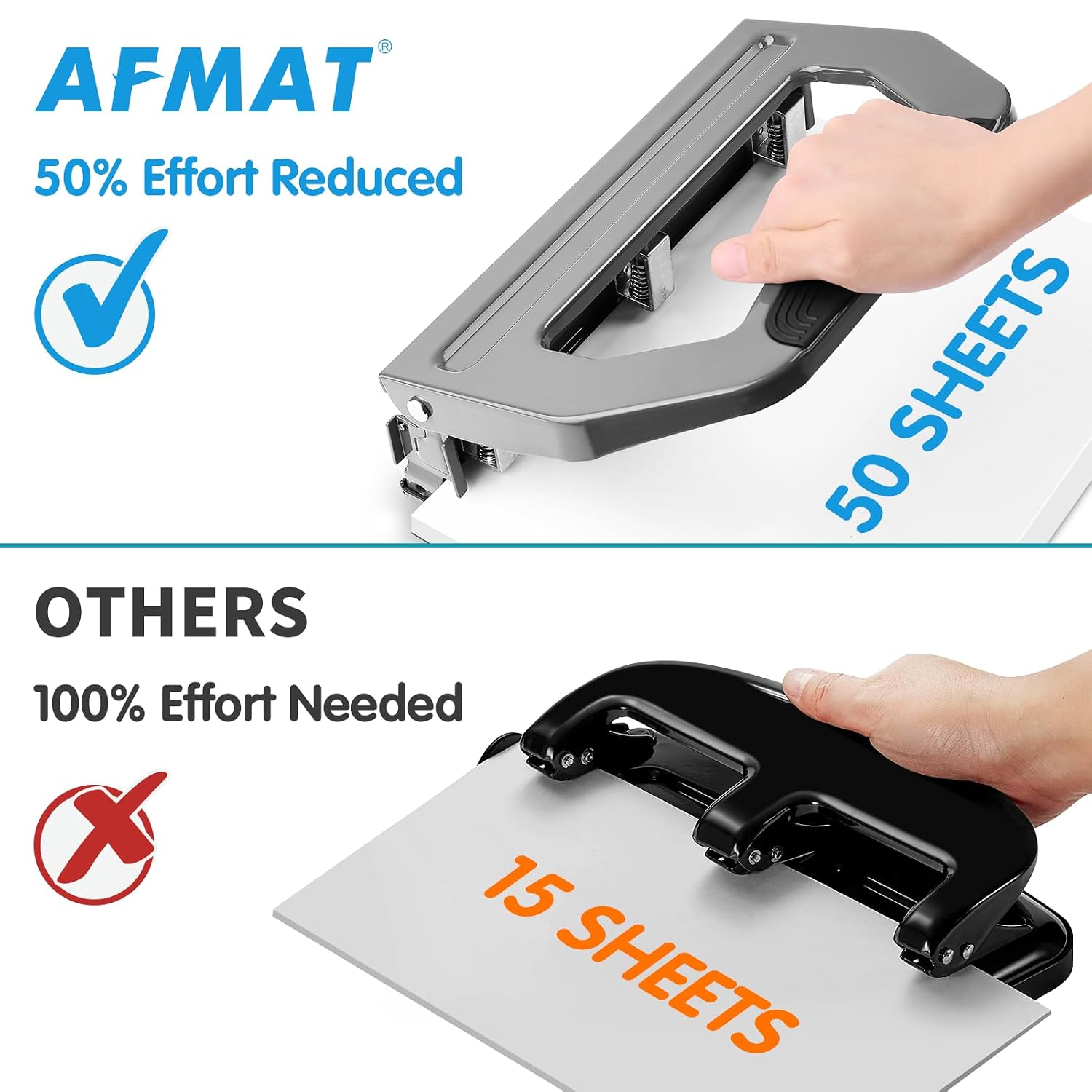 AFMAT 3 Hole Punch Heavy Duty, 9/32" Holes, 50-Sheet Hole Puncher 3 Ring, 50% Reduced Effort, Adjustable Two & Three Hole Punch, Metal Paper Puncher w/Large Chip Tray, Metal Paper Guide, Gray, HP18