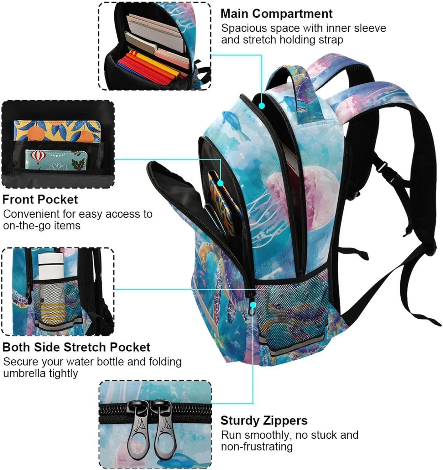 Turtle Backpack for Students Boys Girls Watercolor Turtle Jellyfish Coral School Bag Travel Daypack Rucksack - Image 7