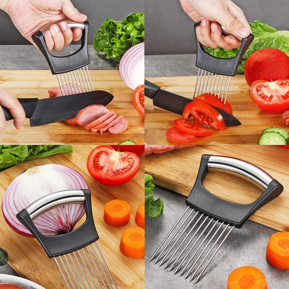 Stainless Steel Onion Slice Holder & Kitchen Chopper Assistant - Safe Vegetable Cutter Tool (Black & Gray) - View #3