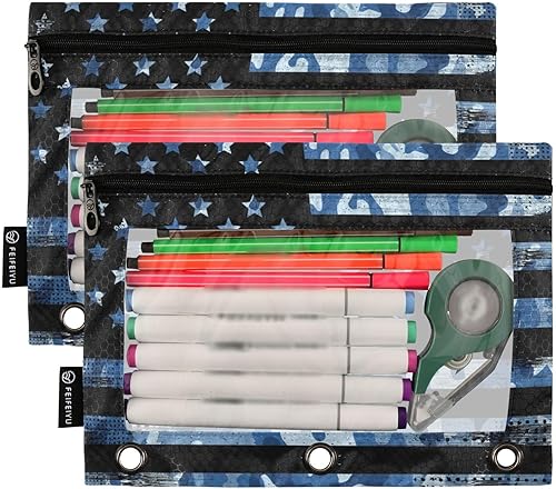 Miniatura 2 de Estuche para lápices de camuflaje azul marino con bandera estadounidense para carpeta de 3 anillas, 2 bolsas para lápices con bolsillo con