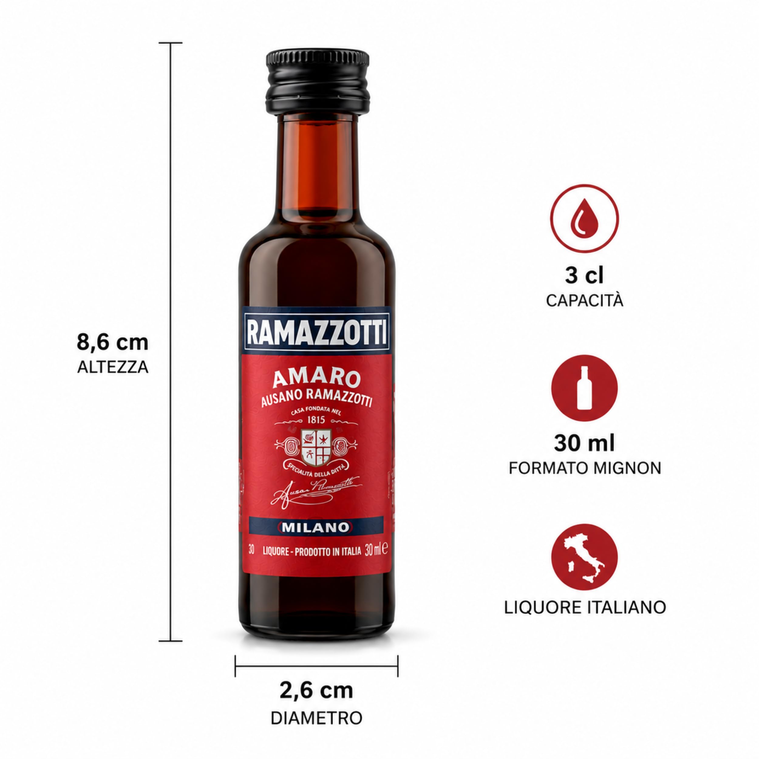 Amaro Ramazzotti Mignon 3cl x 120 - Liquore Amaro Italiano Originale Ausano Ramazzotti - Mini Bottiglia - Prodotto in Italia - Confezione da 120 bottigliette - 30% Vol