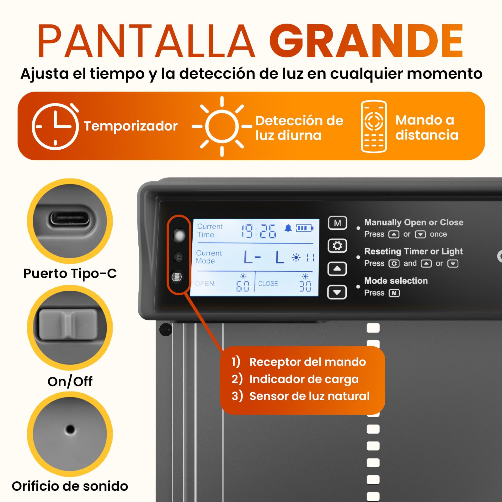 Puerta Gallinero Automatica Solar con Mando a Distancia, Sensor de Luz y Temporizador - Gris