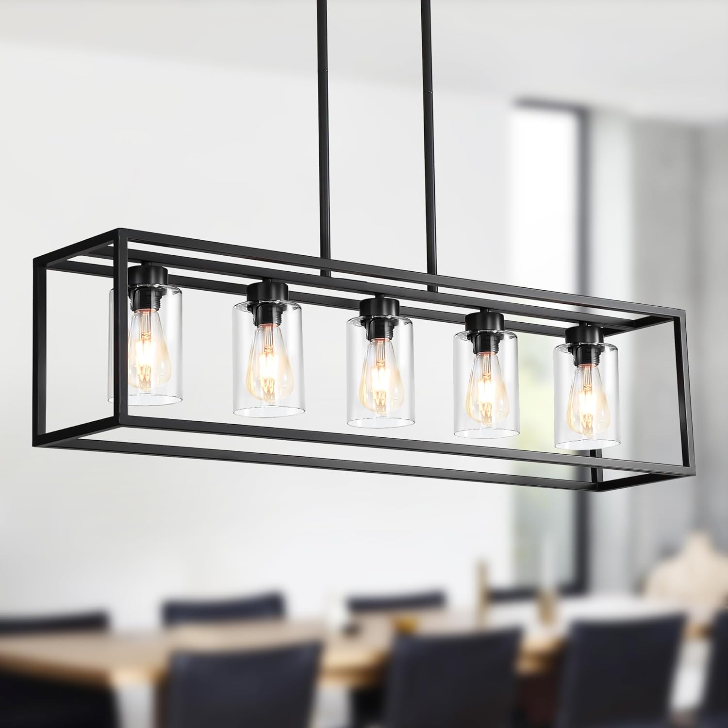 Black 5-Light Dining Room Light Fixture, Modern Farmhouse Chandeliers, Linear Rectangular Kitchen Island Lighting, Industrial Vintage Pendant Lighting with Clear Glass Shade Height Adjustable