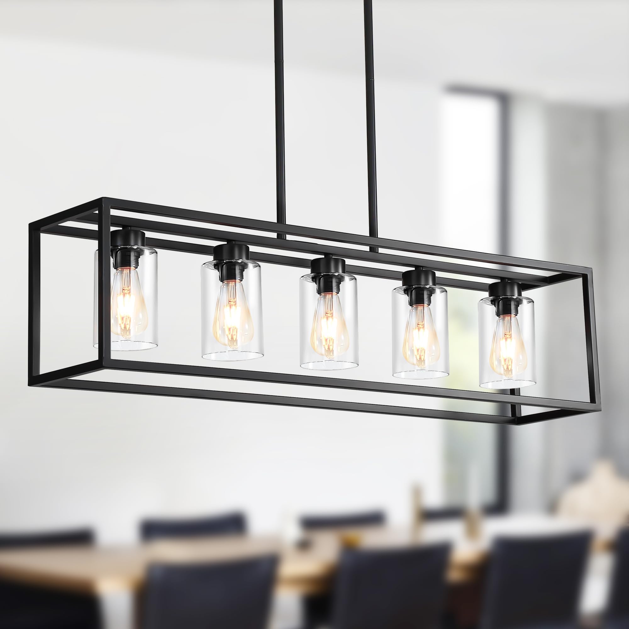 Black 5-Light Dining Room Light Fixture, Modern Farmhouse Chandeliers, Linear Rectangular Kitchen Island Lighting, Industrial Vintage Pendant Lighting with Clear Glass Shade Height Adjustable