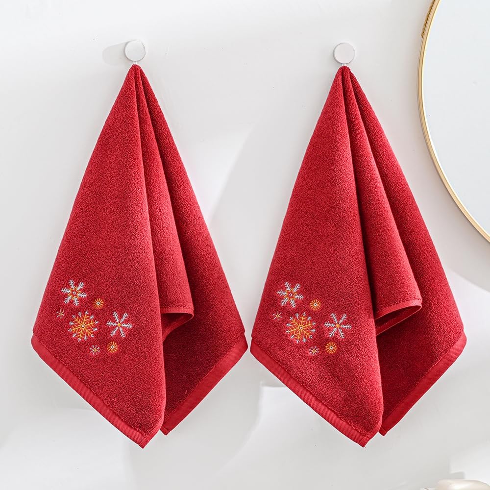 sense gnosis Red Hand Towel Set of 2 Ultra Soft 100% Cotton Thick Highly Absorbent Christmas Snow Embroidered Luxury Hand Towels for Bathroom Decorative 13 X 29 Inch - Image 3