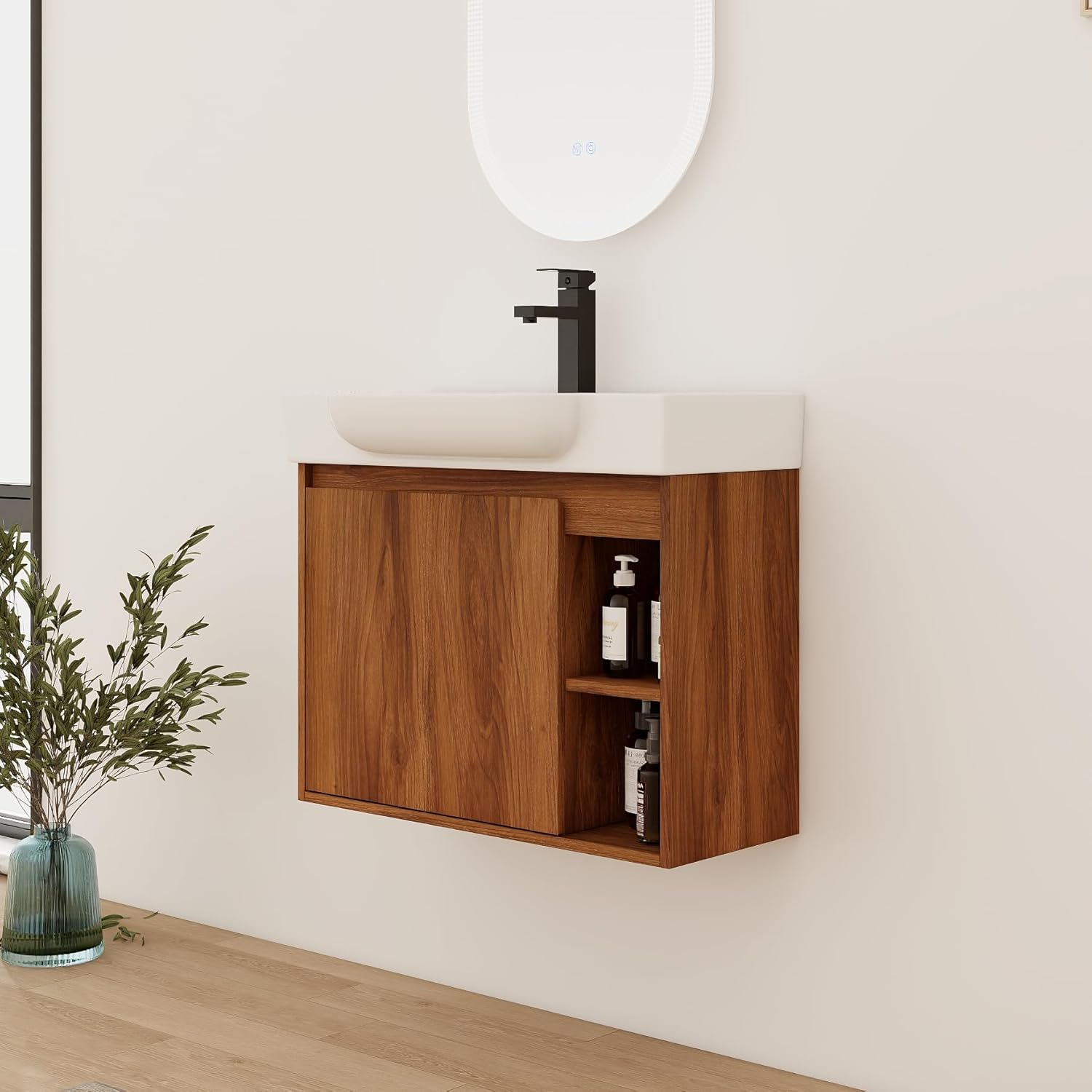 28" Wall-Mounted Bathroom Vanity with Ceramic Sink, 28 Inch Floating Single Sink Vanity Cabinet Modern Brown 1-Door Design with Storage Shelf (Space-Saving for Small Bathrooms)