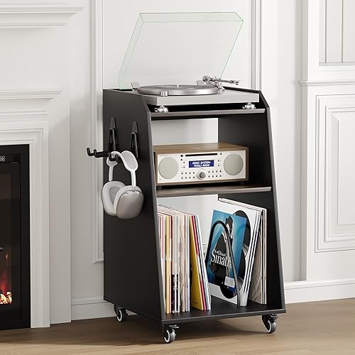 Rresyet 18.7" Record Player Stand with Wheels,3-Tier Vinyl Media Cabinet