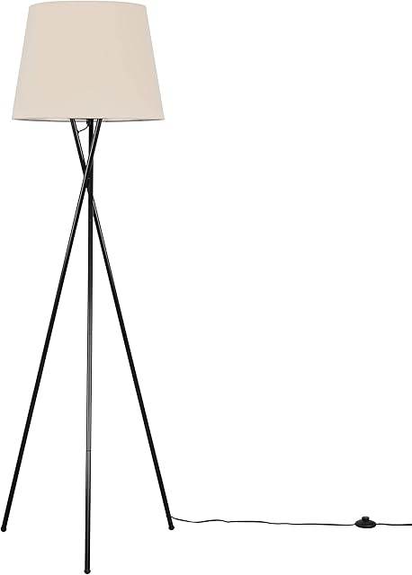 MiniSun Modern Gloss Black Metal Tripod Floor Lamp with a Beige Tapered Shade