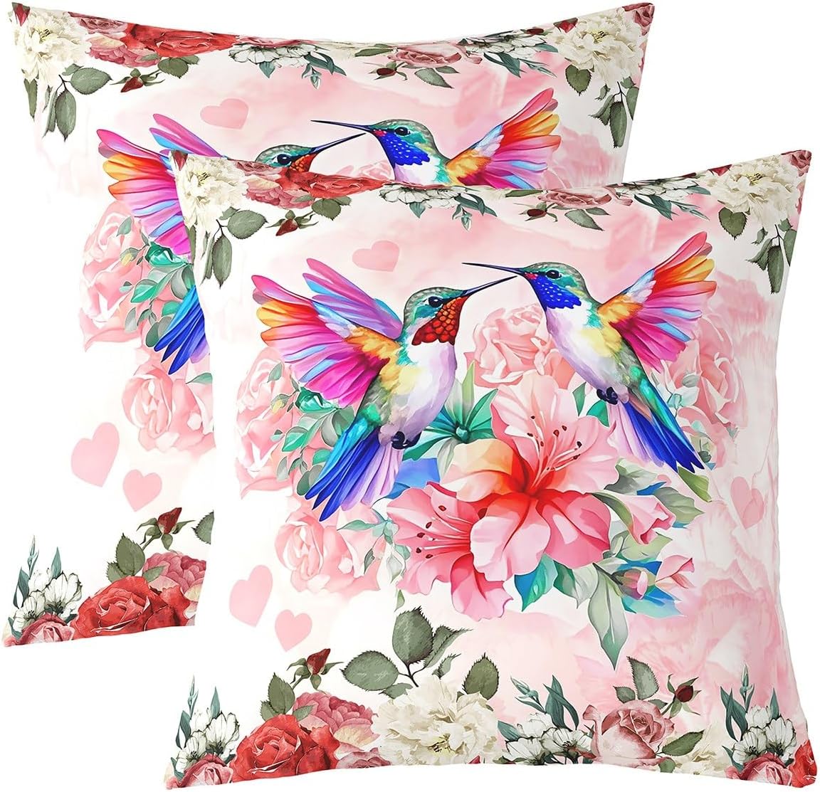 Colorful Lovely Birds Throw Pillow Covers 22x22 Inch Set of 2 Watercolor Botanical Garden Flowers Dreamy Pillow Cases for Kids Teens Adults Cute Wild Animal Rustic Style Cushion Covers for RV Couch