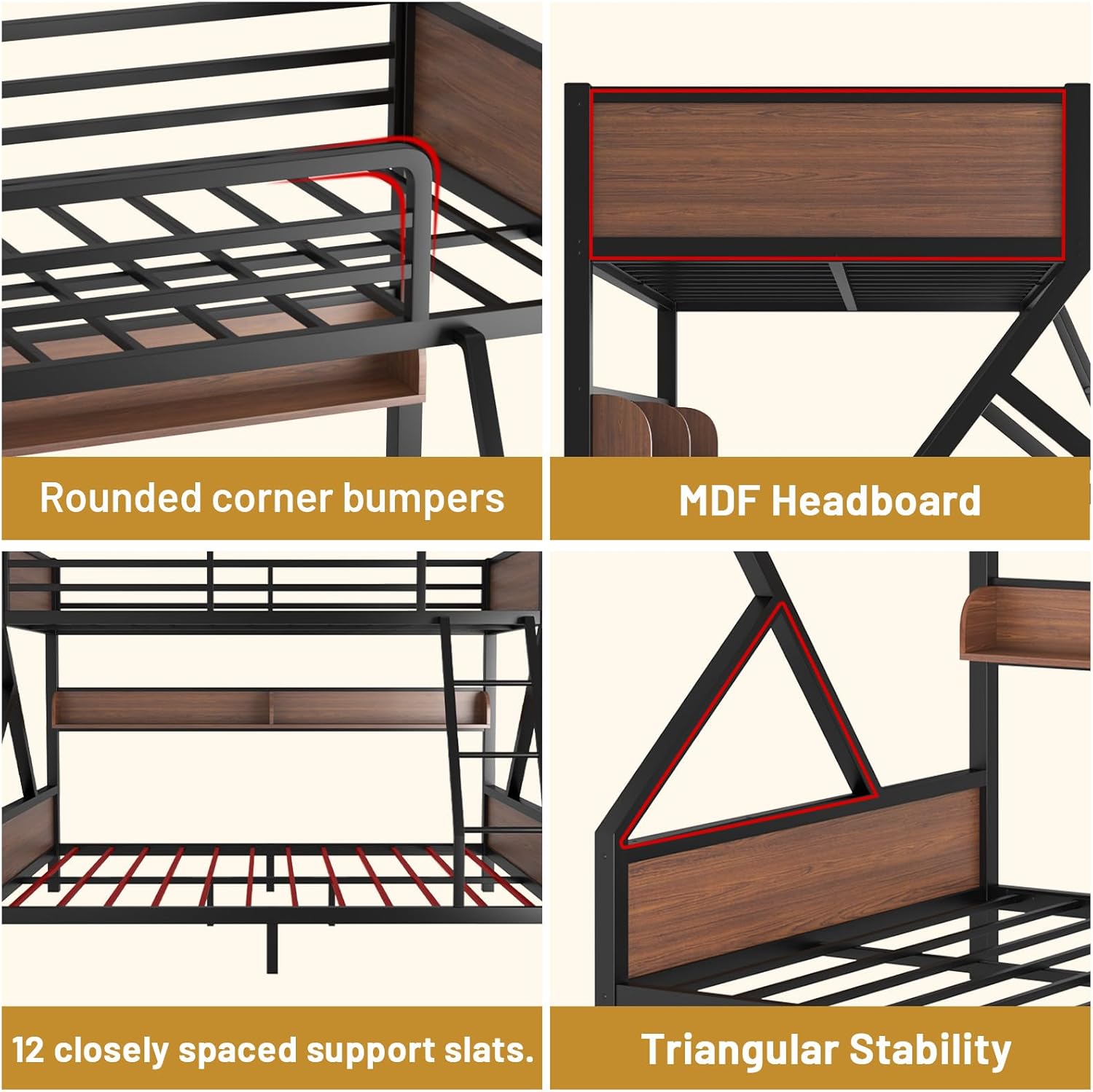 Twin Over Full Bunk Bed with Storage Shelves, Heavy Duty Metal Bunk Bed Frame with Stairs, Noise-Free Design, Space-Saving Bed with Guardrails for Kids, Teens & Adults, Black
