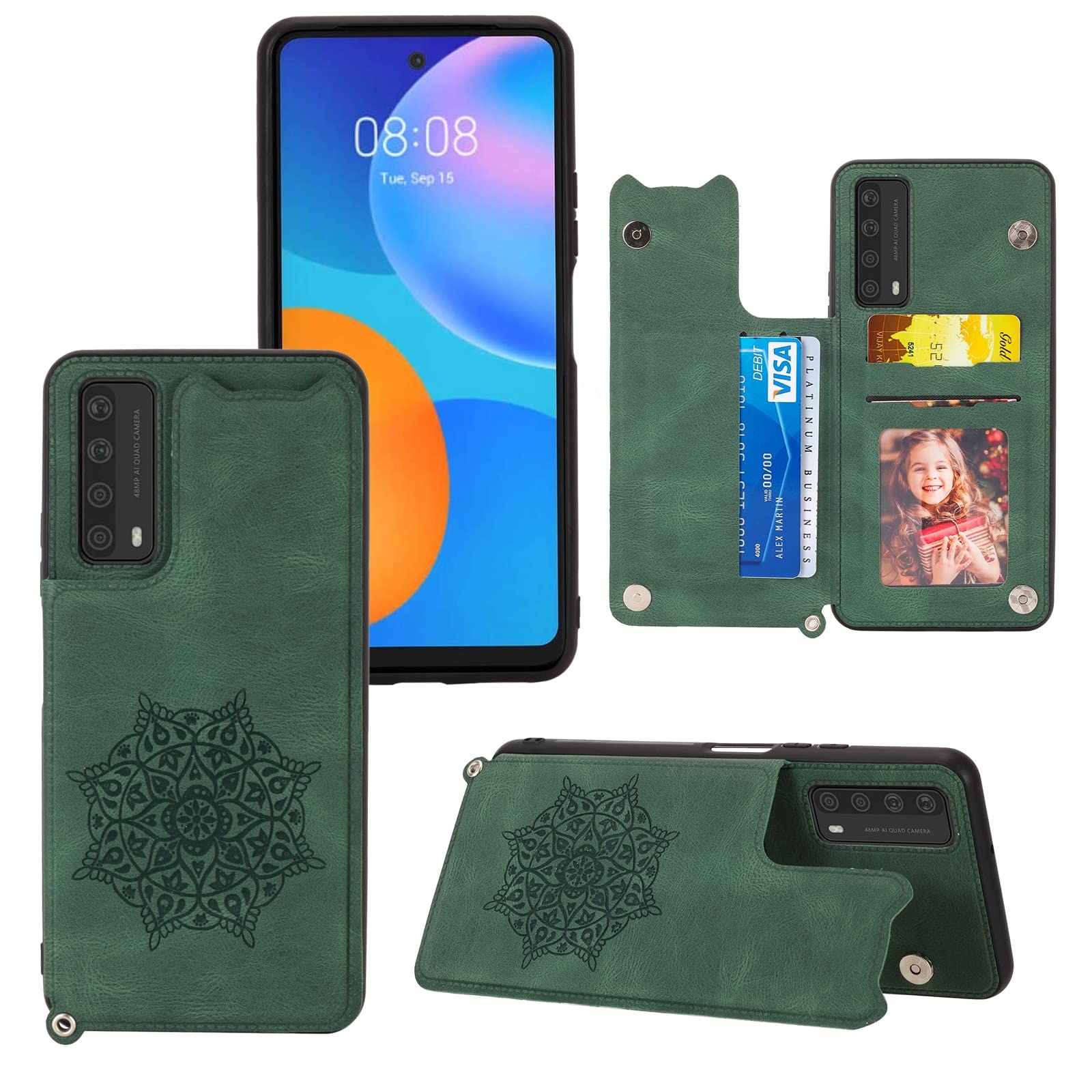 حالة Huawei P Smart 2021/ Huawei Y7a علبة محفظة مع حامل البطاقة ، بو فتحات فتحات Kickstand الجلدية ، قفل مغناطيسي مزدوج وغطاء متين للصدمات لـ Huawei P Smart 2021/ لـ Huawei Y7a قضية (Color : Green)