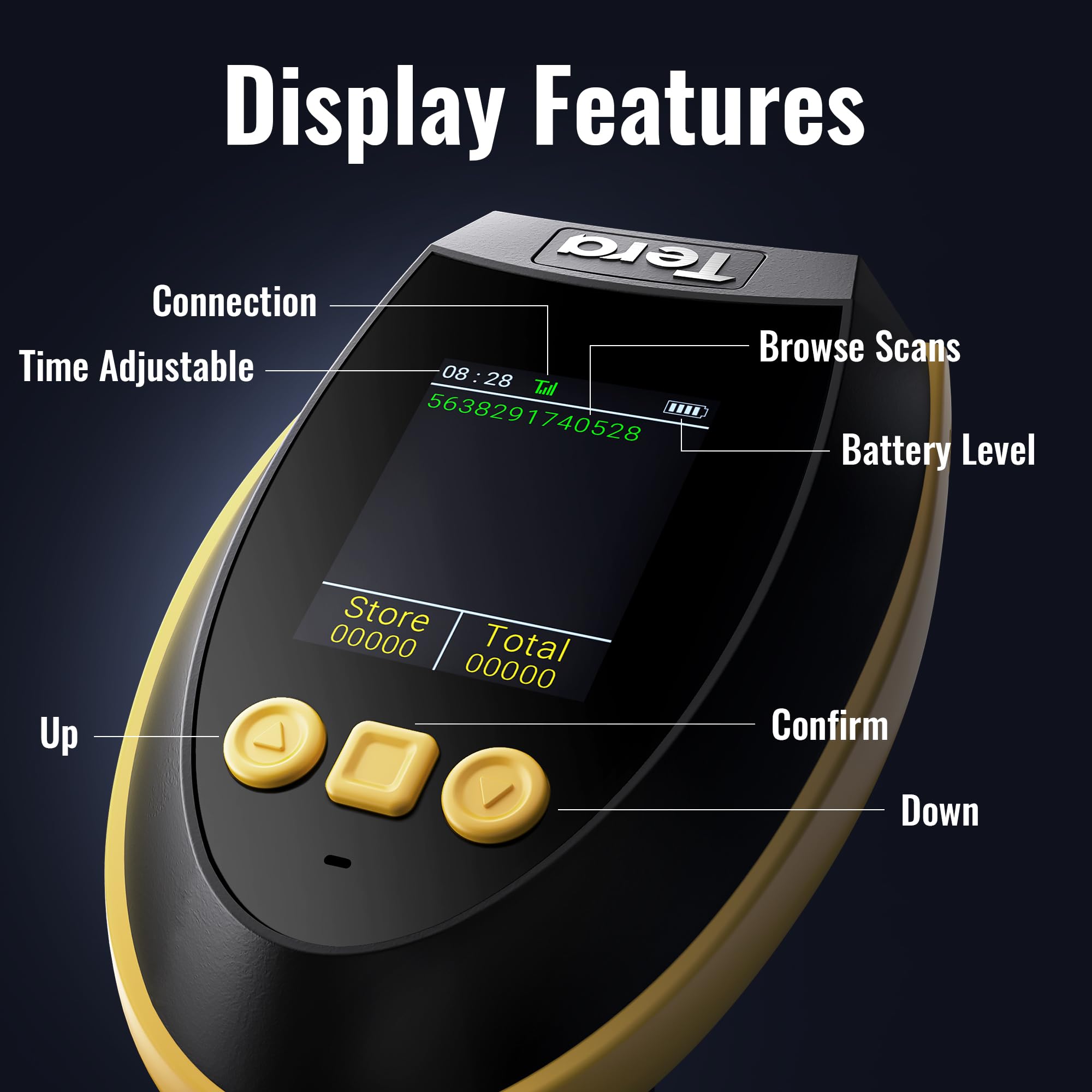Tera Lecteur de codes-barres 2D sans fil : avec écran de réglage numérique et clavier, fonctionne avec Bluetooth et sans fil 2,4 G et USB filaire 1D 2D QR Lecteur de codes-barres portable avec support