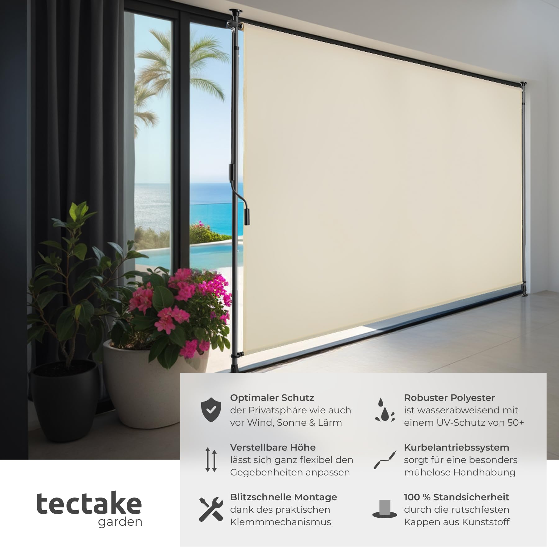 tectake® Klemmmarkise, Sichtschutz Markise Balkon ohne Bohren, Senkrechtmarkise mit Teleskopstange zum Klemmen, Windschutz, Sichtschutz, Sonnenschutz - beige, 200 x 310 cm