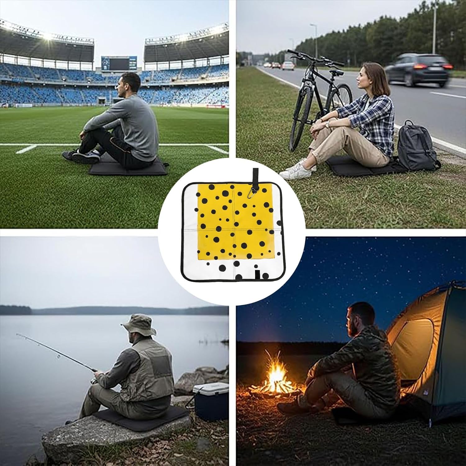 (Mustard Yellow and Black) Sitting Pad Foldable Seat Cushion Lightweight Camping Seat Mat with Hook for Outdoor Hiking Picnic Camping