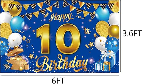 Miniatura 2 de Telón de fondo de 10. cumpleaños azul dorado de 6 x 3.6 pies para fotografía de cumpleaños para fiesta de cumpleaños dorado para hombres y mujeres,