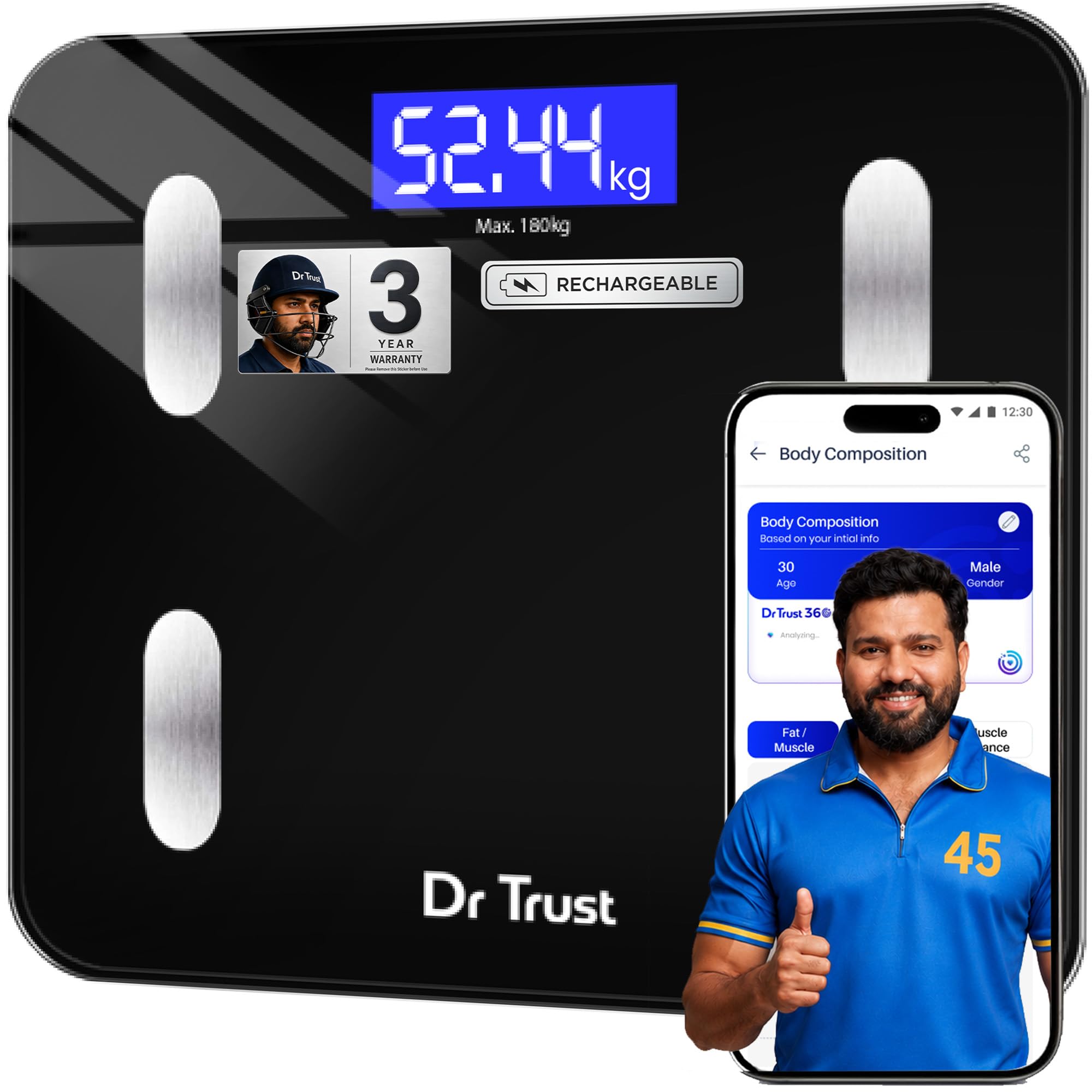 Dr Trust USA Digital Smart Electronic Rechargeable Bluetooth Fitness Body Composition Monitor Fat Analyzer Weight Machine and Weighing Scale-509 (Black)-image-3