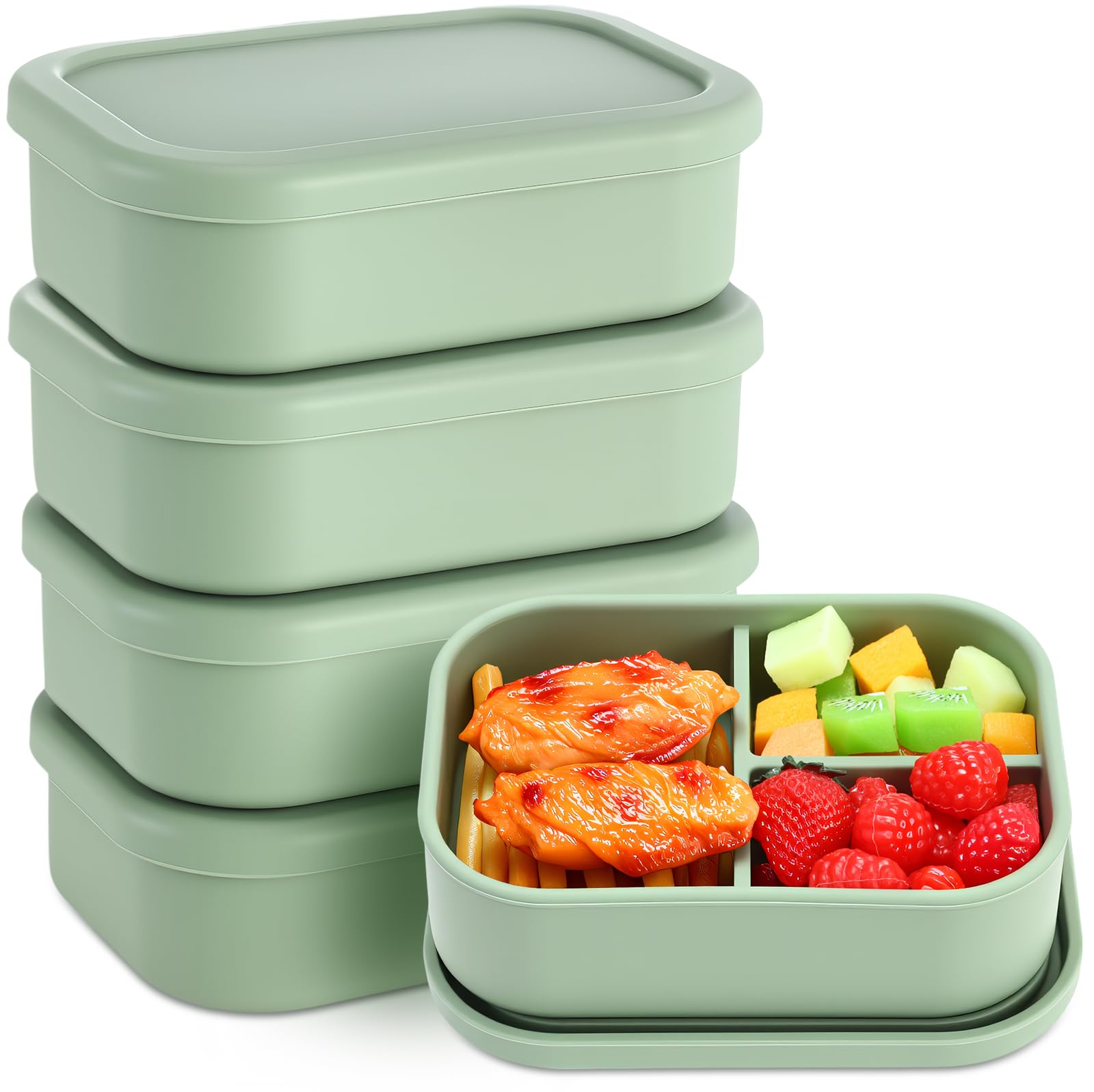 Honeydak 4 Pcs Silicone Bento Lunch Box 3 Compartment Reusable Leakproof Silicone Bento Lunch Container for Adults Microwave Dishwasher Freezer Safe (Olive Green)